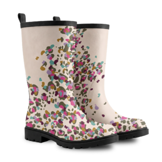 Paire de bottes hautes unisexe imprimées “Léopard ivoire” doublées toile et semelles caoutchouc noir de Paradis Perdus® vue profil avant droit