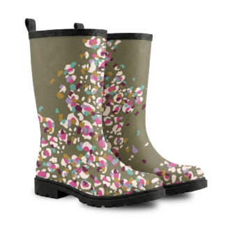 Paire de bottes hautes unisexe imprimées “Léopard kaki” doublées toile et semelles caoutchouc noir de Paradis Perdus® vue profil avant droit