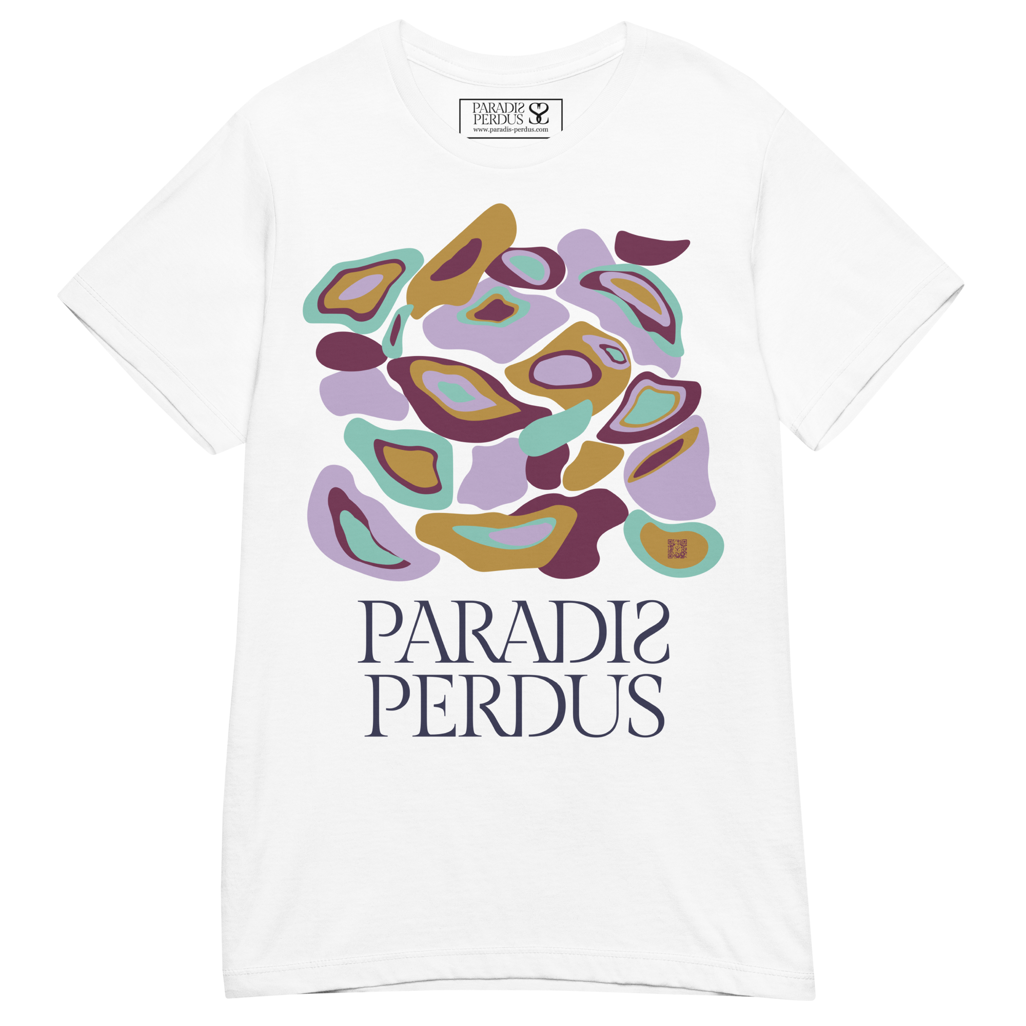 T-shirt cintré en coton blanc intense imprimé “Panscro” de Paradis Perdus® 3 Le KRUSH workshop boutique T-shirt cintré en coton blanc intense imprimé “Panscro” de Paradis Perdus® posé à plat devant