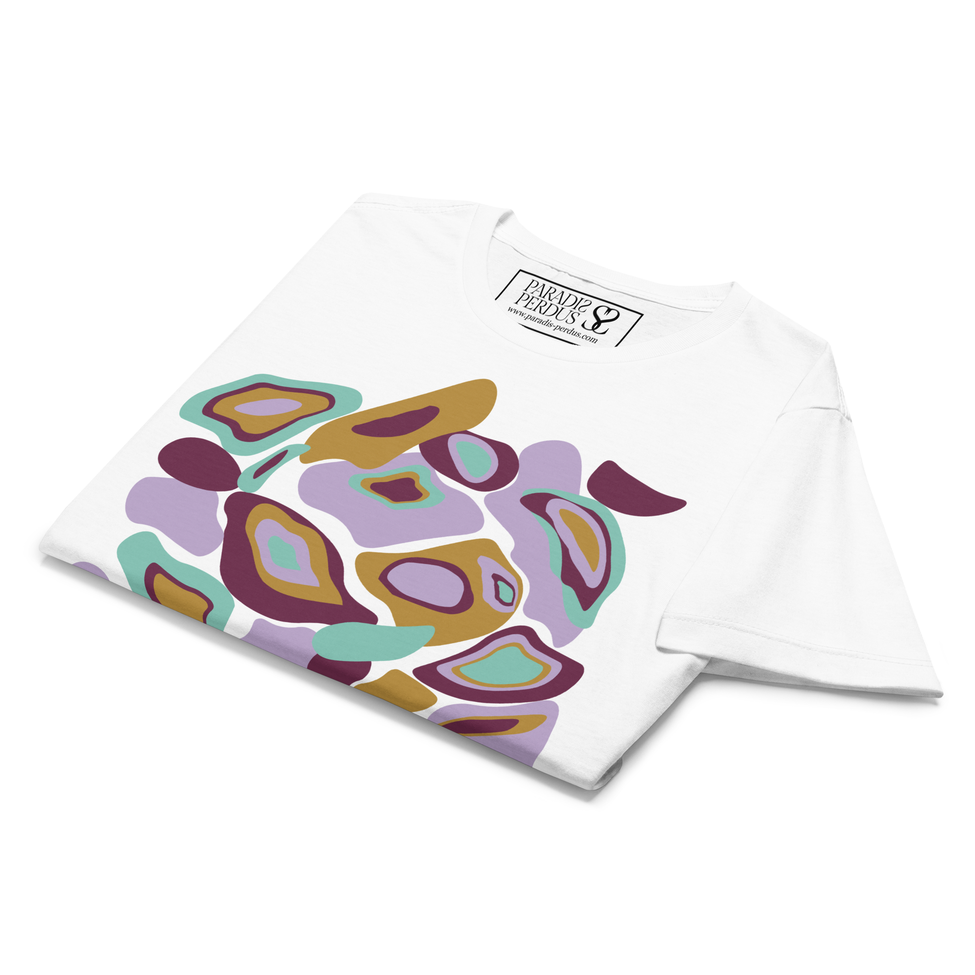 T-shirt cintré en coton blanc intense imprimé “Panscro” de Paradis Perdus® 8 Le KRUSH workshop boutique T-shirt cintré en coton blanc intense imprimé “Panscro” de Paradis Perdus® présenté plié en gros plan