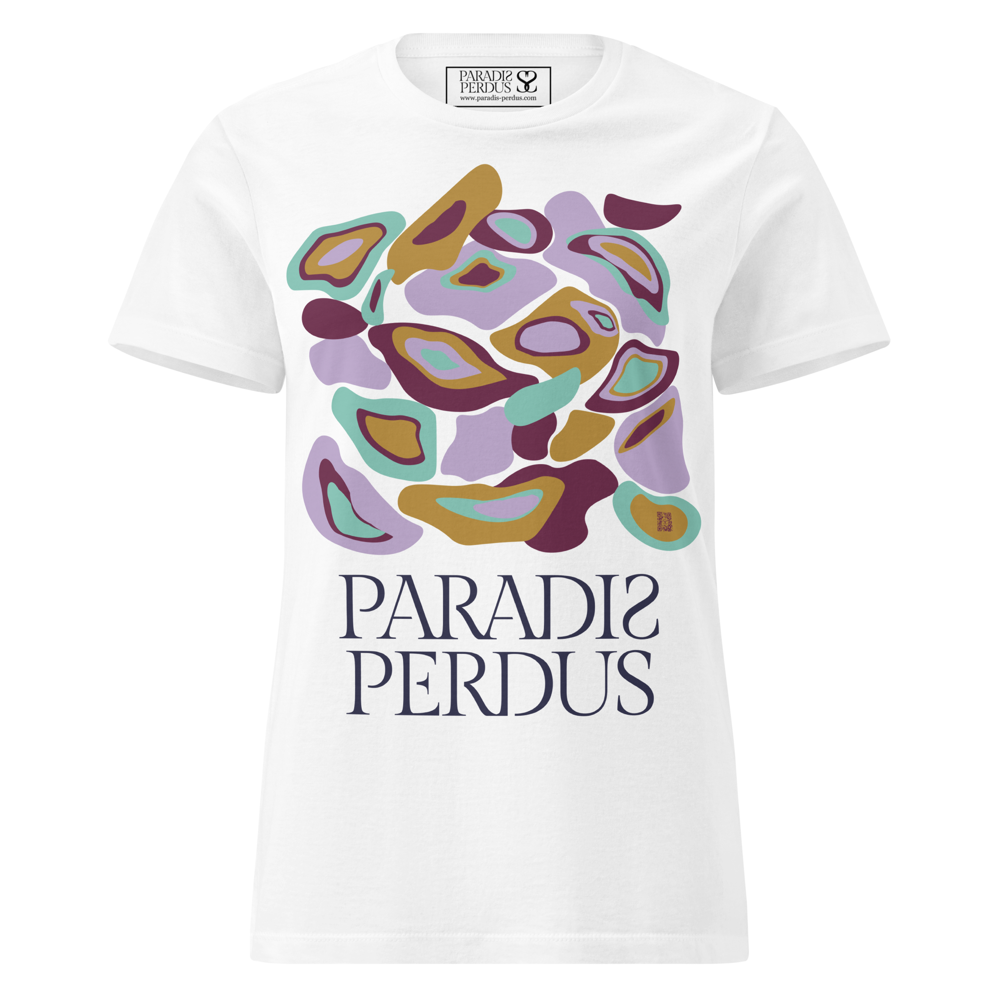 T-shirt cintré en coton blanc intense imprimé “Panscro” de Paradis Perdus® 1 Le KRUSH workshop boutique T-shirt cintré en coton blanc intense imprimé “Panscro” de Paradis Perdus® porté de devant