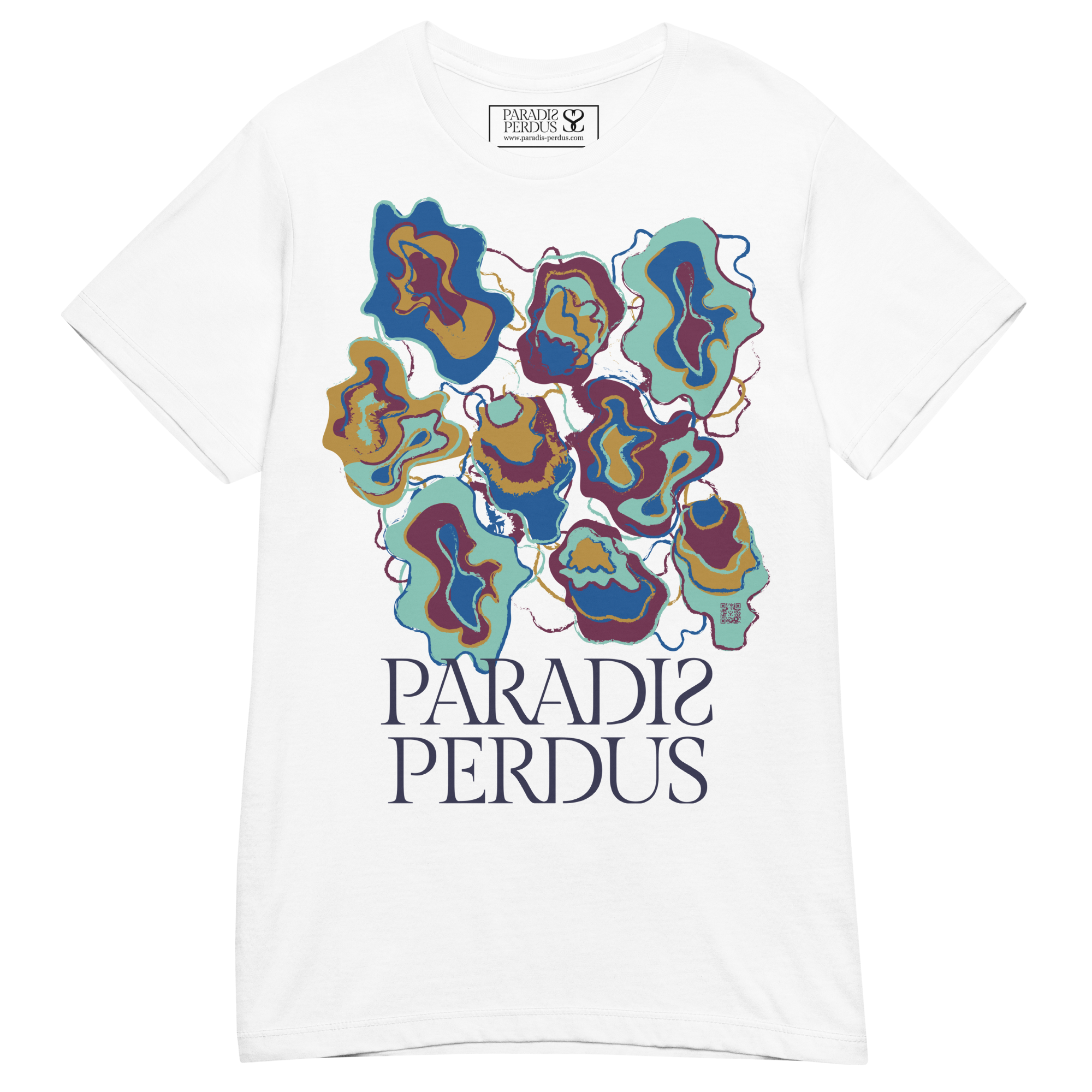 T-shirt cintré en coton blanc intense imprimé “Sfogliatelle” de Paradis Perdus® 3 Le KRUSH workshop boutique T-shirt cintré en coton blanc intense imprimé “Sfogliatelle” de Paradis Perdus® posé à plat devant
