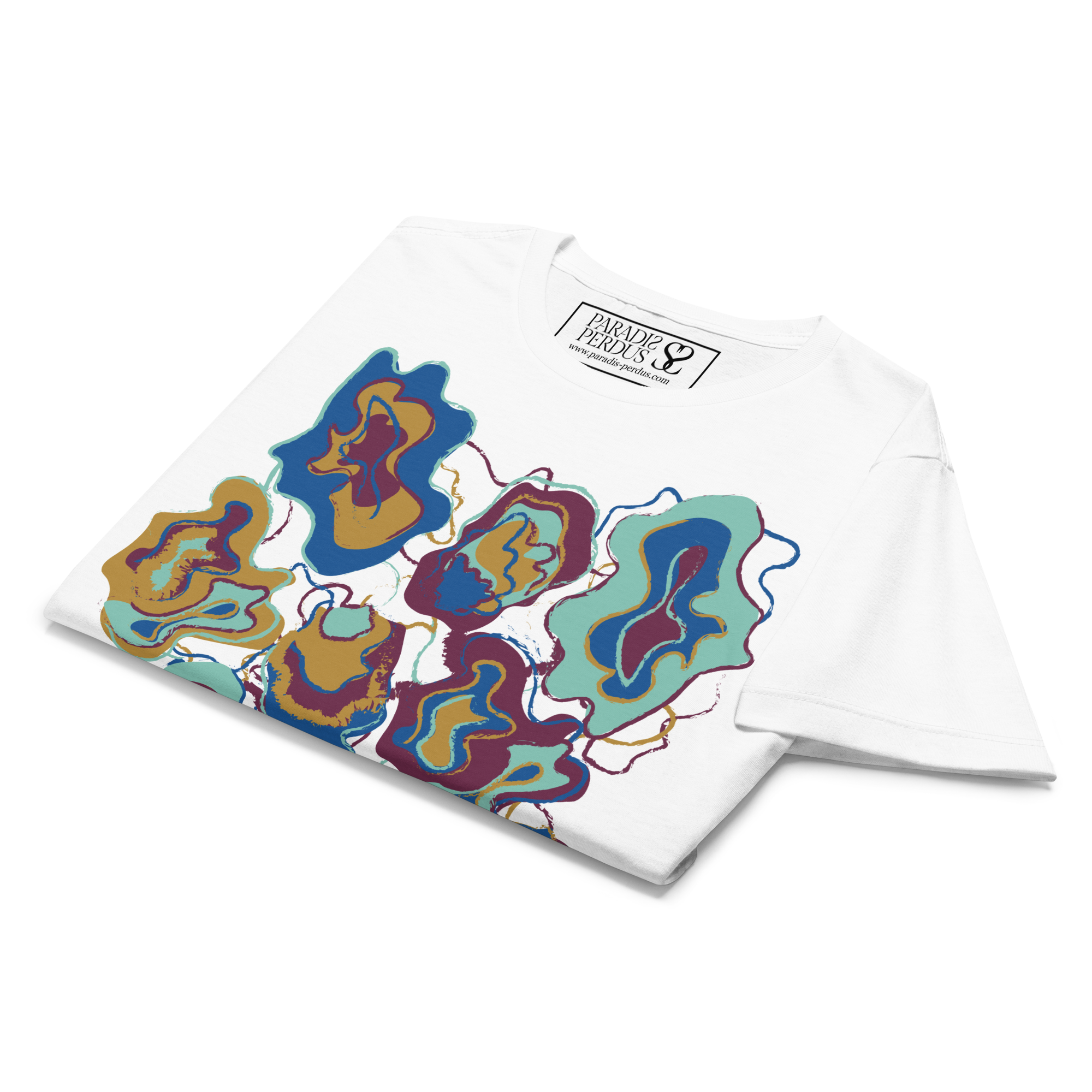 T-shirt cintré en coton blanc intense imprimé “Sfogliatelle” de Paradis Perdus® 8 Le KRUSH workshop boutique T-shirt cintré en coton blanc intense imprimé “Sfogliatelle” de Paradis Perdus® présenté plié en gros plan