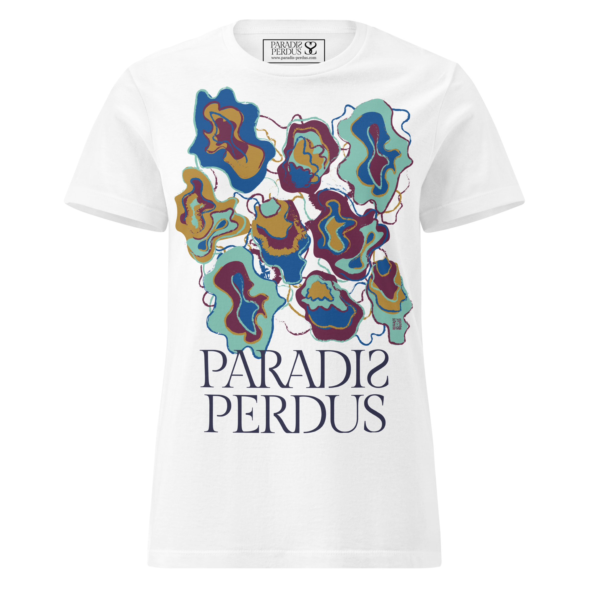 T-shirt cintré en coton blanc intense imprimé “Sfogliatelle” de Paradis Perdus® 1 Le KRUSH workshop boutique T-shirt cintré en coton blanc intense imprimé “Sfogliatelle” de Paradis Perdus® porté de devant