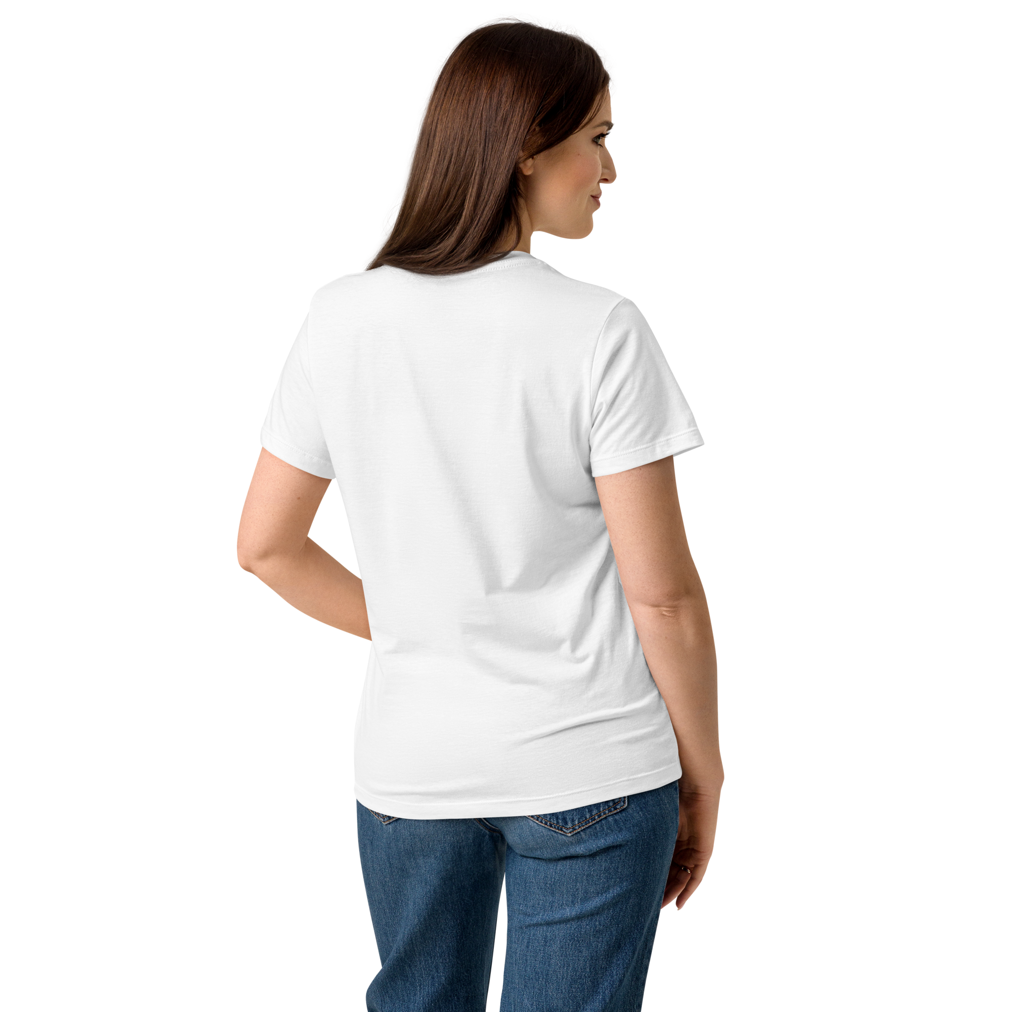 T-shirt cintré en coton blanc intense imprimé “Sfogliatelle” de Paradis Perdus® 6 Le KRUSH workshop boutique T-shirt cintré en coton blanc intense imprimé “Sfogliatelle” de Paradis Perdus® porté par une femme de dos