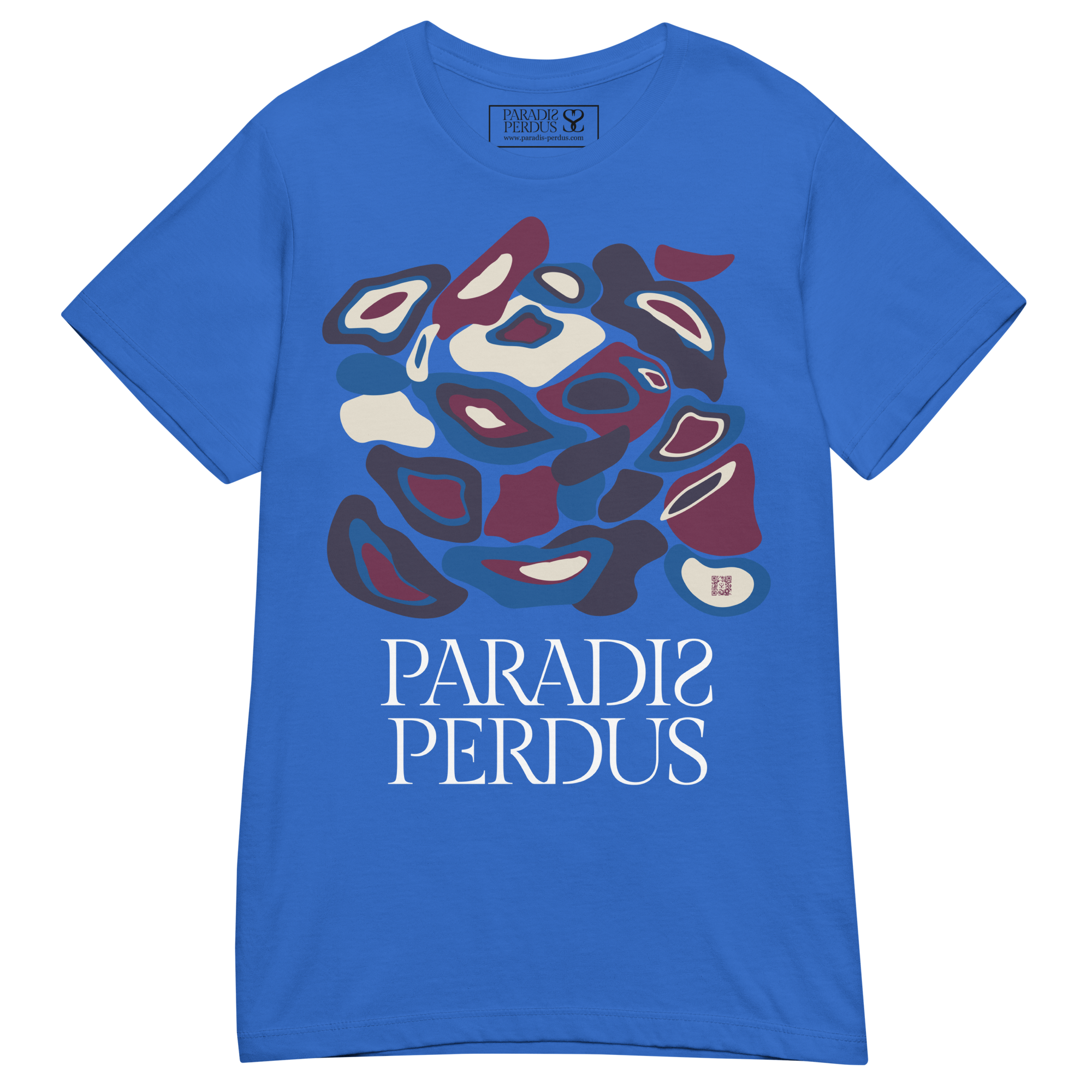 T-shirt cintré en coton bleu électrique imprimé “Panscro” de Paradis Perdus® 3 Le KRUSH workshop boutique T-shirt cintré en coton bleu électrique imprimé “Panscro” de Paradis Perdus® posé à plat devant