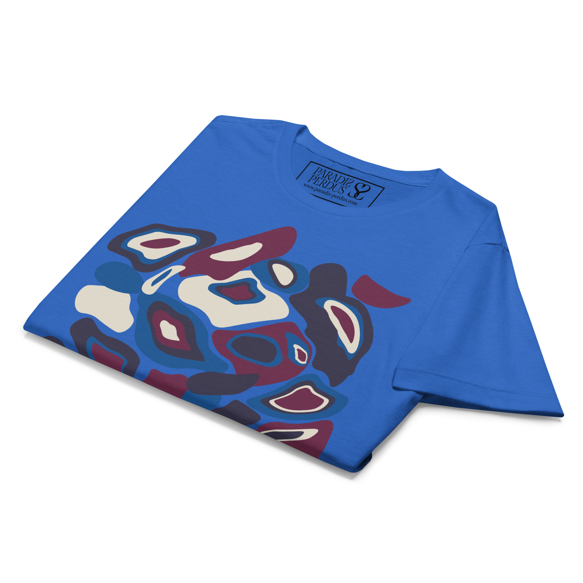 T-shirt cintré en coton bleu électrique imprimé “Panscro” de Paradis Perdus® 8 Le KRUSH workshop boutique T-shirt cintré en coton bleu électrique imprimé “Panscro” de Paradis Perdus® présenté plié en gros plan