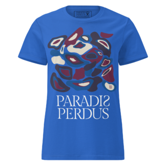 Oubliez le prêt-à-porter, passez au prêt-à-krusher ! 3 Le KRUSH workshop boutique T-shirt cintré en coton bleu électrique imprimé “Panscro” de Paradis Perdus® porté de devant