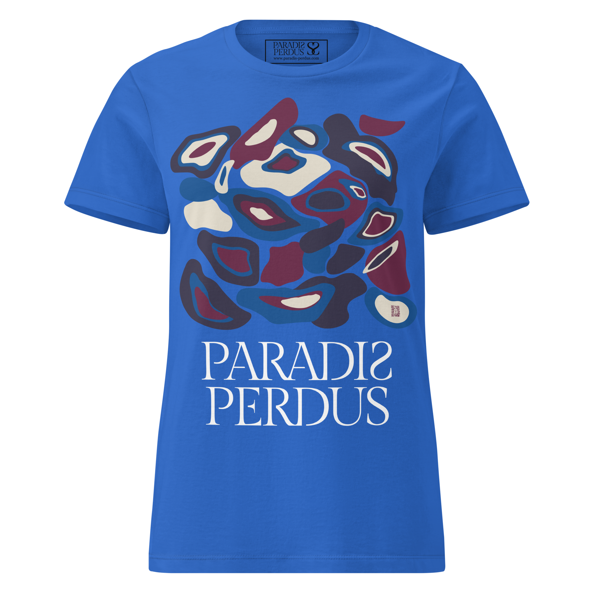 T-shirt cintré en coton bleu électrique imprimé “Panscro” de Paradis Perdus® 1 Le KRUSH workshop boutique T-shirt cintré en coton bleu électrique imprimé “Panscro” de Paradis Perdus® porté de devant