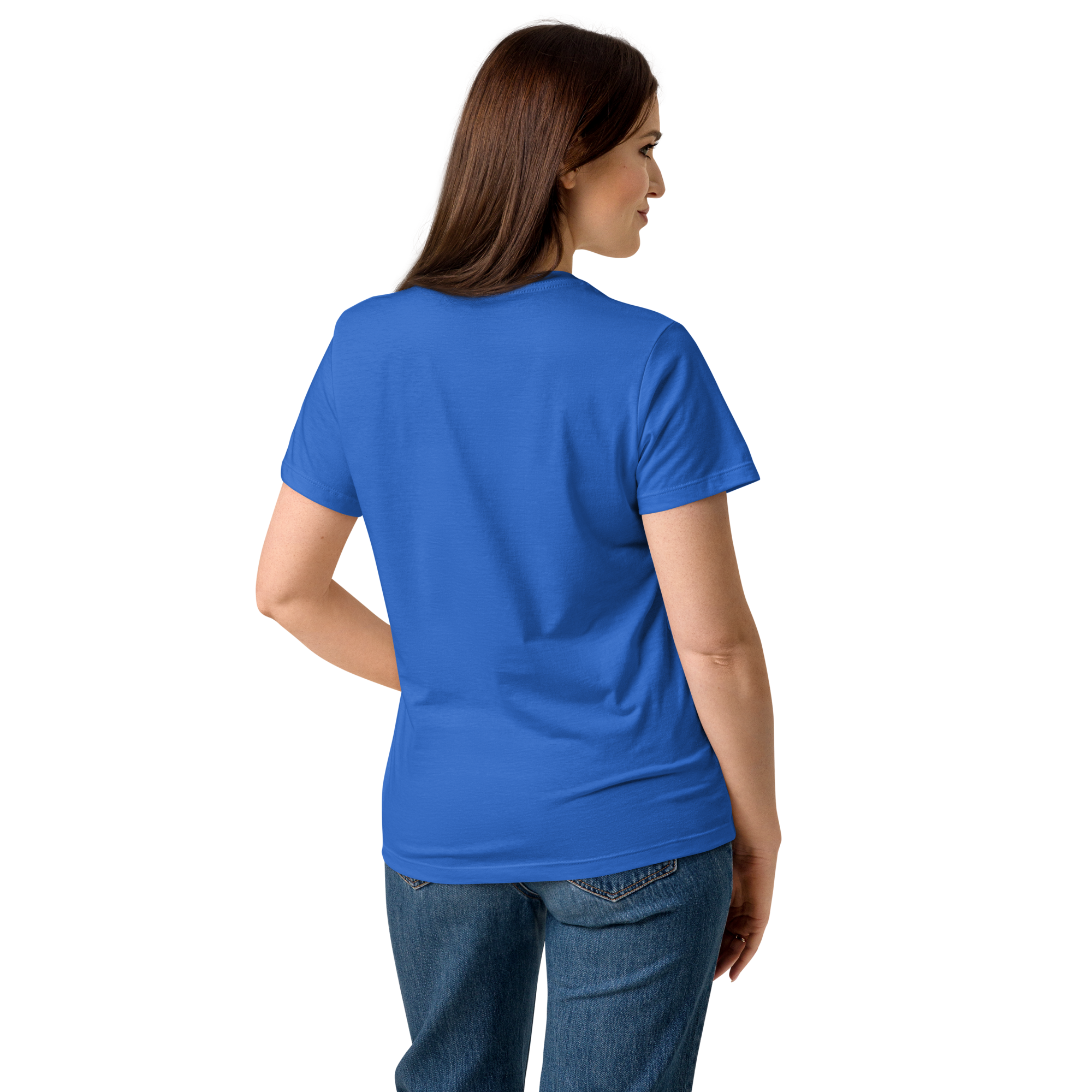 T-shirt cintré en coton bleu électrique imprimé “Panscro” de Paradis Perdus® 6 Le KRUSH workshop boutique T-shirt cintré en coton bleu électrique imprimé “Panscro” de Paradis Perdus® porté par une femme de dos