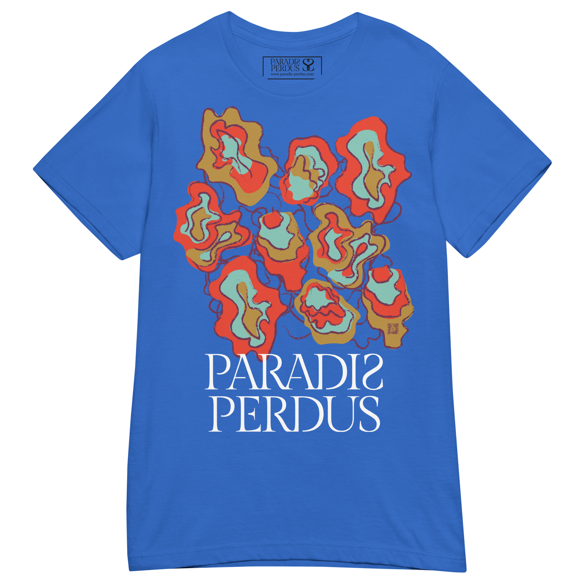 T-shirt cintré en coton bleu électrique imprimé “Sfogliatelle” de Paradis Perdus® 3 Le KRUSH workshop boutique T-shirt cintré en coton bleu électrique imprimé “Sfogliatelle” de Paradis Perdus® posé à plat devant