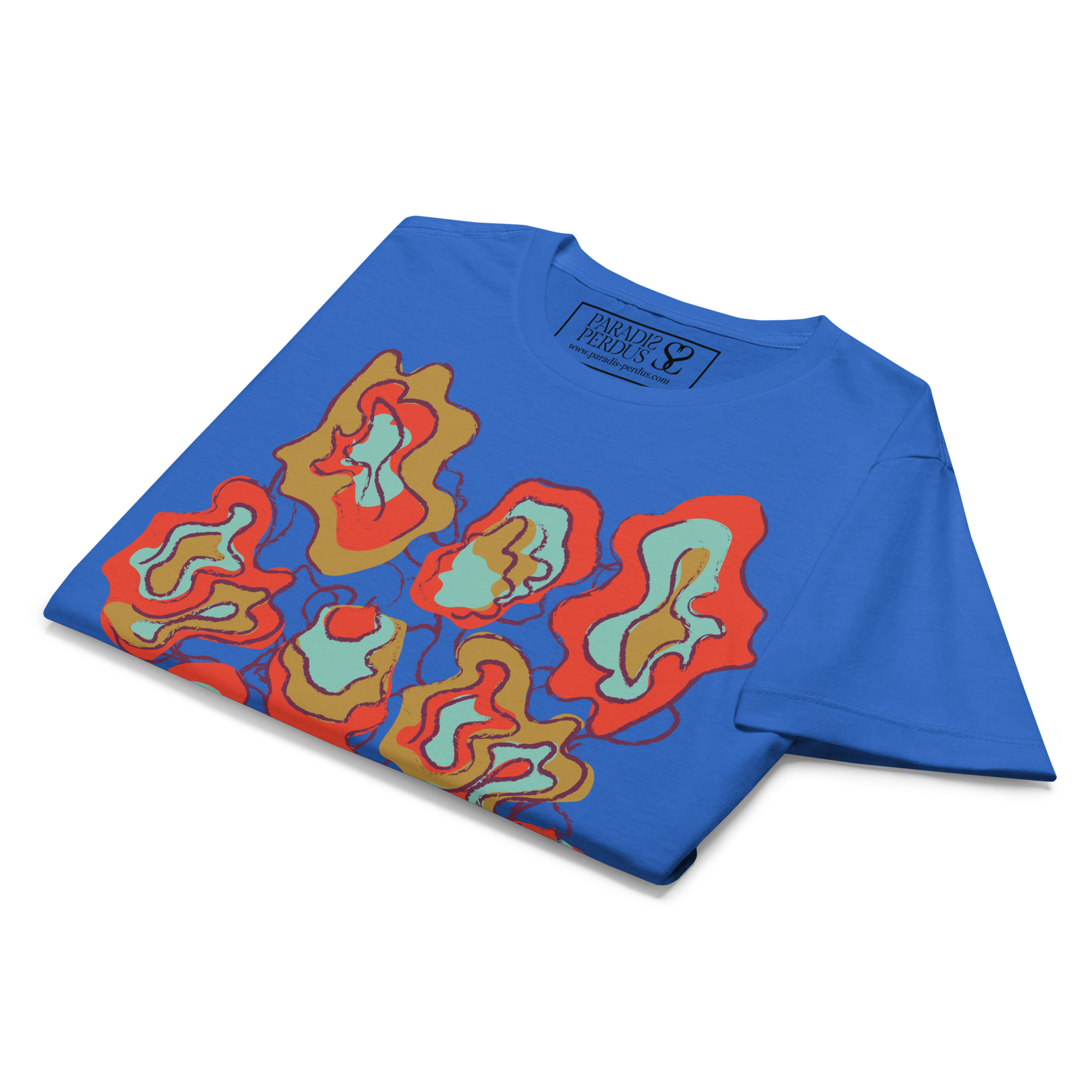 T-shirt cintré en coton bleu électrique imprimé “Sfogliatelle” de Paradis Perdus® 8 Le KRUSH workshop boutique T-shirt cintré en coton bleu électrique imprimé “Sfogliatelle” de Paradis Perdus® présenté plié en gros plan