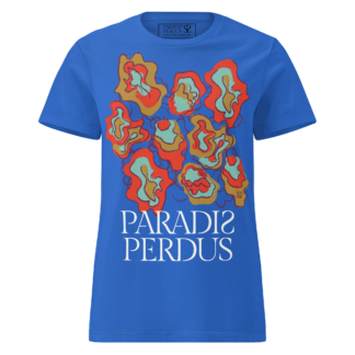 Oubliez le prêt-à-porter, passez au prêt-à-krusher ! 14 Le KRUSH workshop boutique T-shirt cintré en coton bleu électrique imprimé “Sfogliatelle” de Paradis Perdus® porté de devant