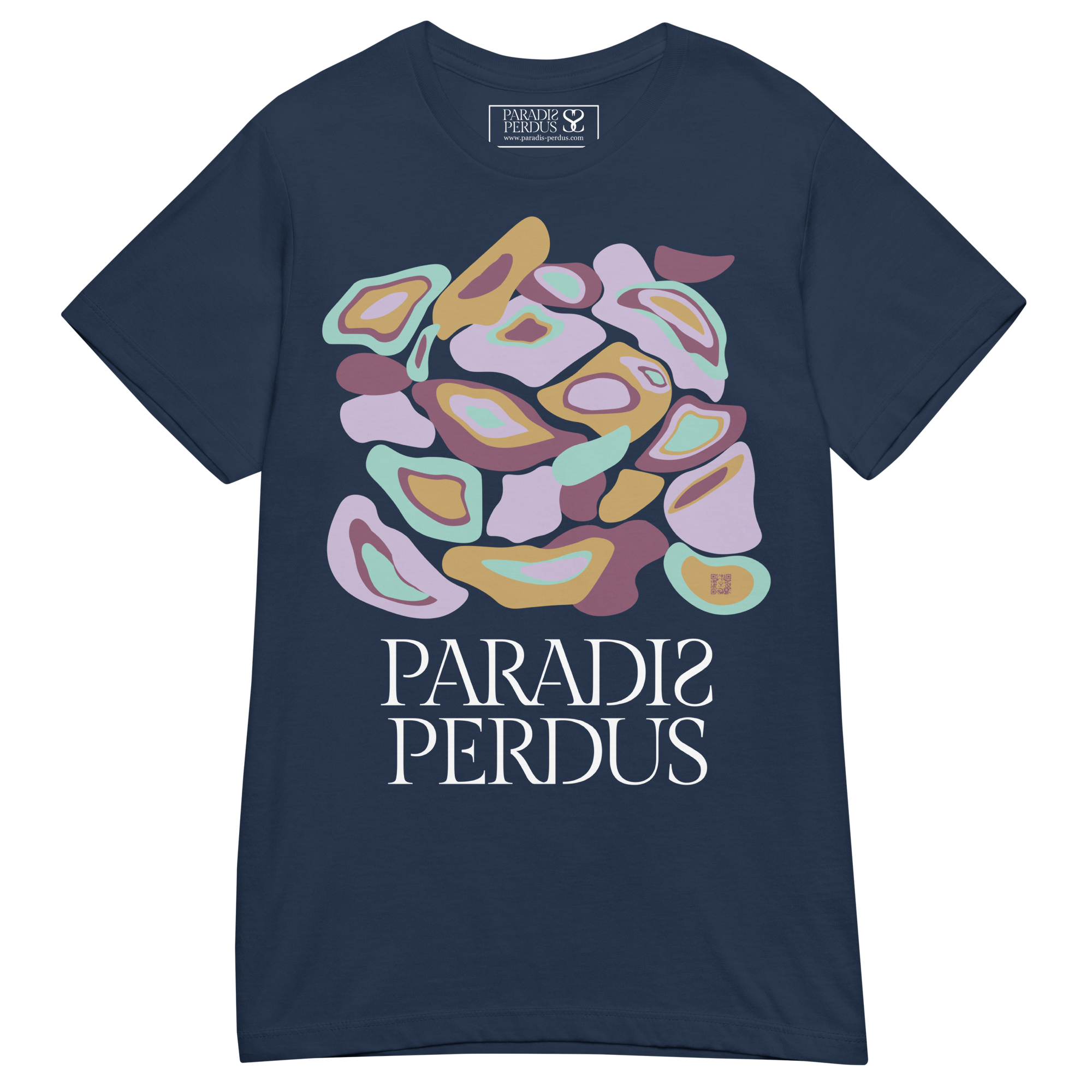 T-shirt cintré en coton bleu marine imprimé “Panscro” de Paradis Perdus® 3 Le KRUSH workshop boutique T-shirt cintré en coton bleu marine imprimé “Panscro” de Paradis Perdus® posé à plat devant