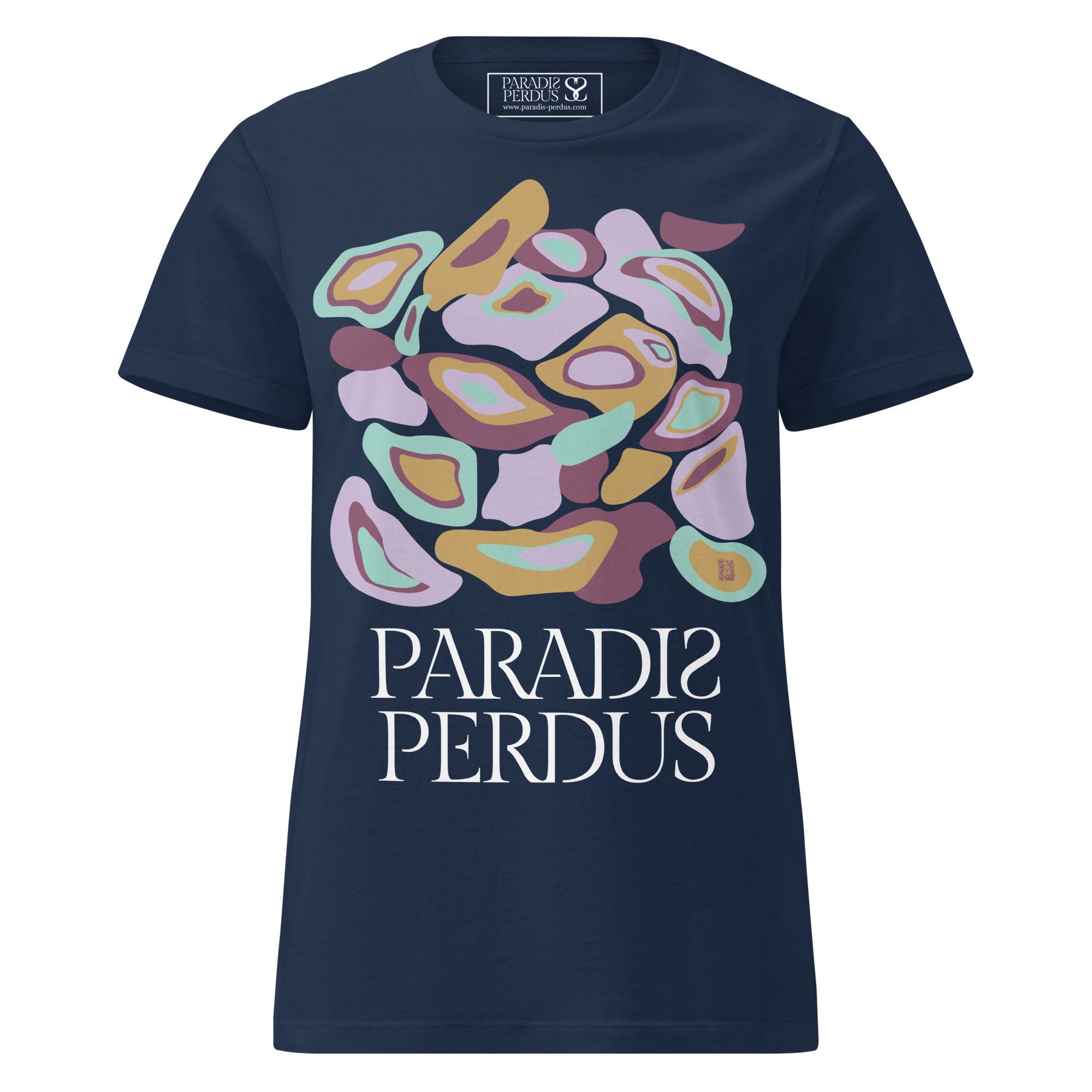 T-shirt cintré en coton bleu marine imprimé “Panscro” de Paradis Perdus® 1 Le KRUSH workshop boutique T-shirt cintré en coton bleu marine imprimé “Panscro” de Paradis Perdus® porté de devant