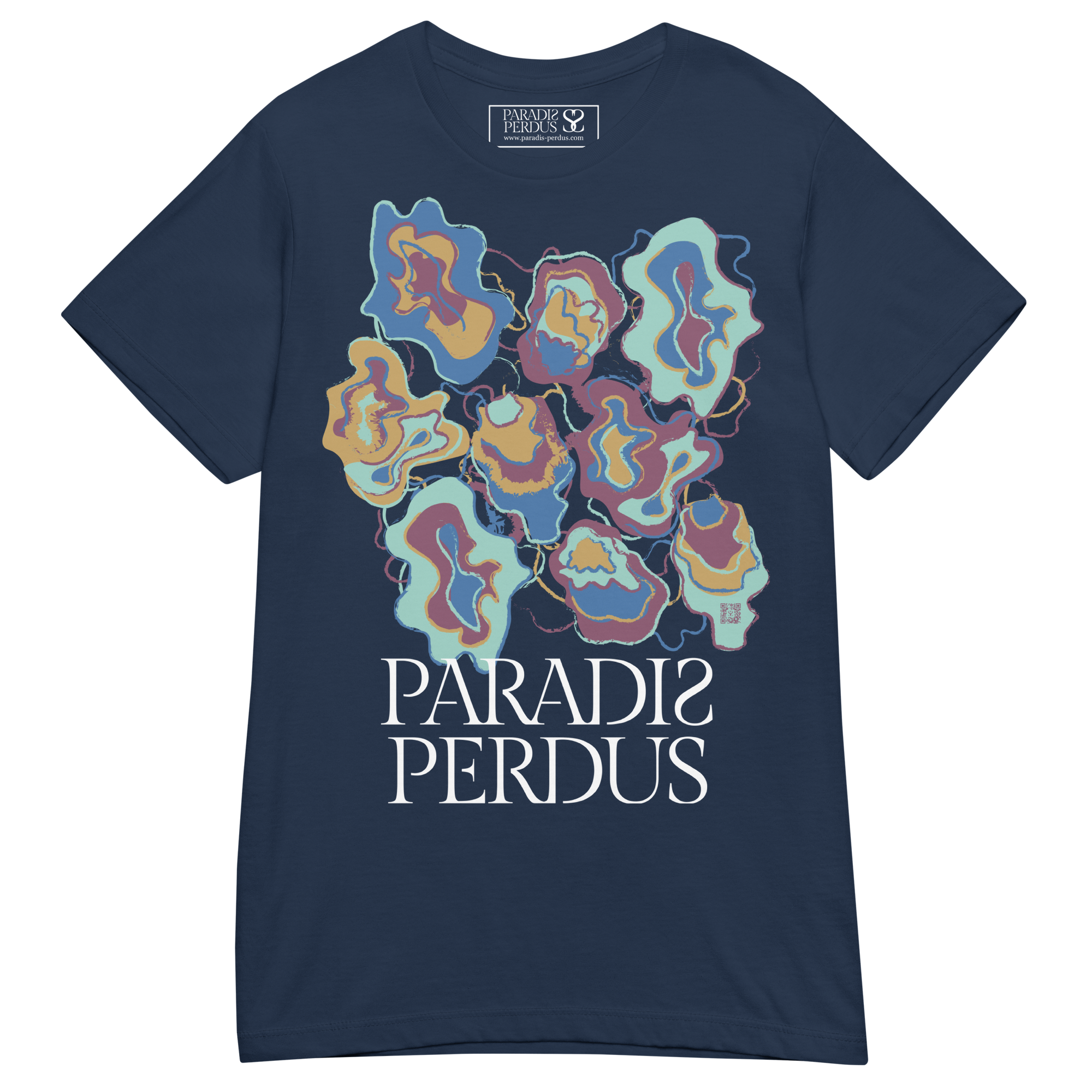 T-shirt cintré en coton bleu marine imprimé “Sfogliatelle” de Paradis Perdus® 3 Le KRUSH workshop boutique T-shirt cintré en coton bleu marine imprimé “Sfogliatelle” de Paradis Perdus® posé à plat devant