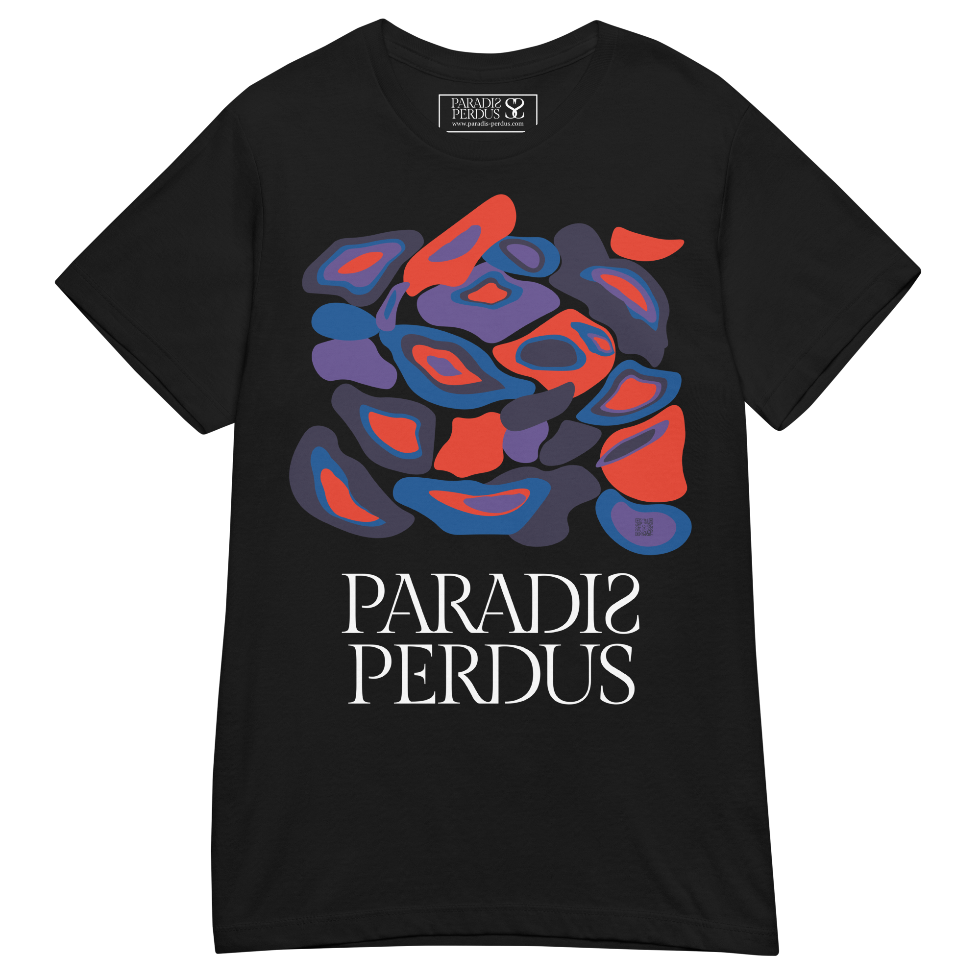 T-shirt cintré en coton noir profond imprimé “Panscro” de Paradis Perdus® 3 Le KRUSH workshop boutique T-shirt cintré en coton noir profond imprimé “Panscro” de Paradis Perdus® posé à plat devant