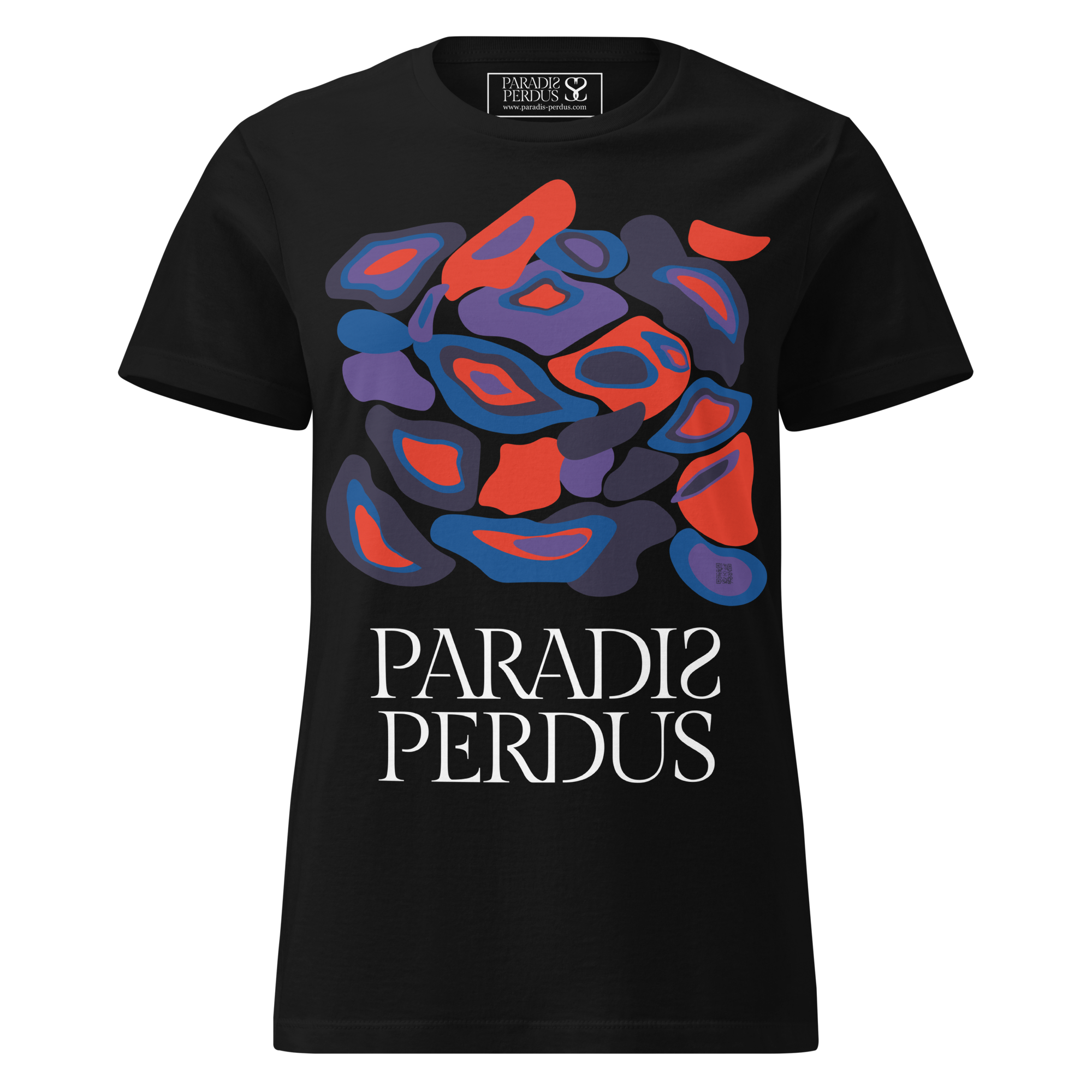 T-shirt cintré en coton noir profond imprimé “Panscro” de Paradis Perdus® 1 Le KRUSH workshop boutique T-shirt cintré en coton noir profond imprimé “Panscro” de Paradis Perdus® porté de devant