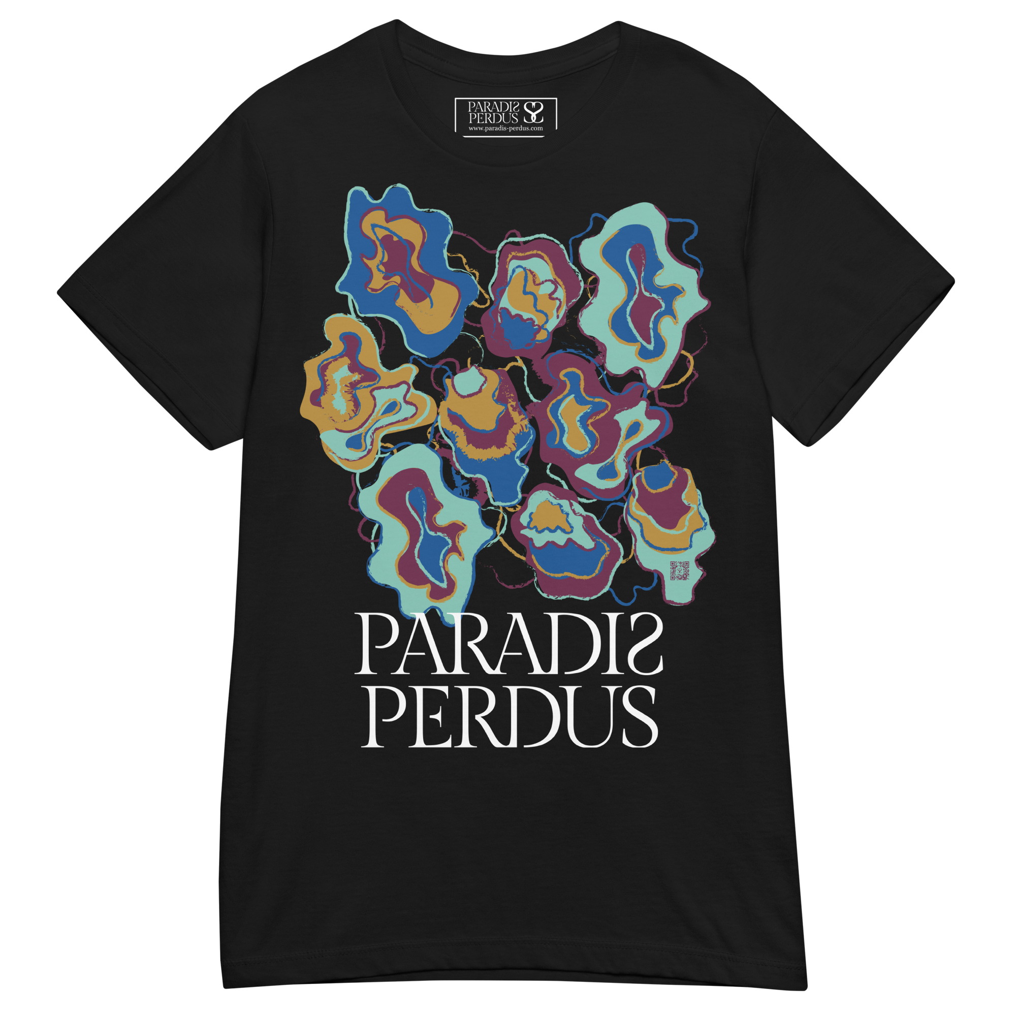 T-shirt cintré en coton noir profond imprimé “Sfogliatelle” de Paradis Perdus® 3 Le KRUSH workshop boutique T-shirt cintré en coton noir profond imprimé “Sfogliatelle” de Paradis Perdus® posé à plat devant
