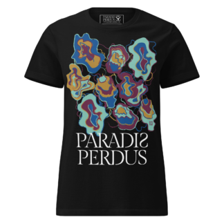 Oubliez le prêt-à-porter, passez au prêt-à-krusher ! 18 Le KRUSH workshop boutique T-shirt cintré en coton noir profond imprimé “Sfogliatelle” de Paradis Perdus® porté de devant