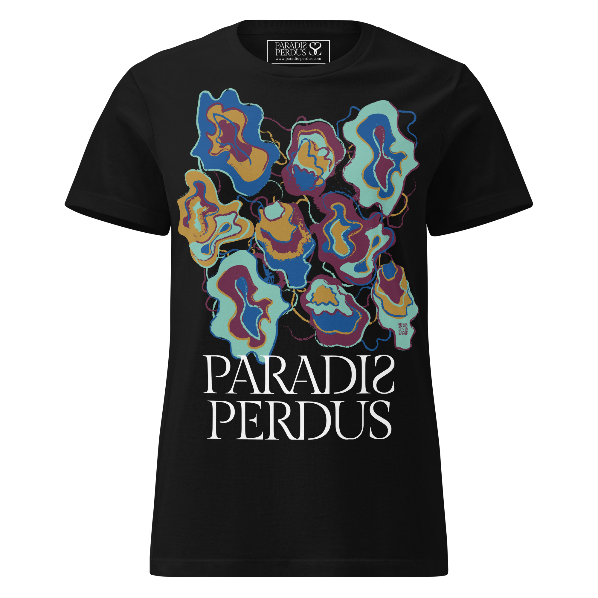 T-shirt cintré en coton noir profond imprimé “Sfogliatelle” de Paradis Perdus® 1 Le KRUSH workshop boutique T-shirt cintré en coton noir profond imprimé “Sfogliatelle” de Paradis Perdus® porté de devant