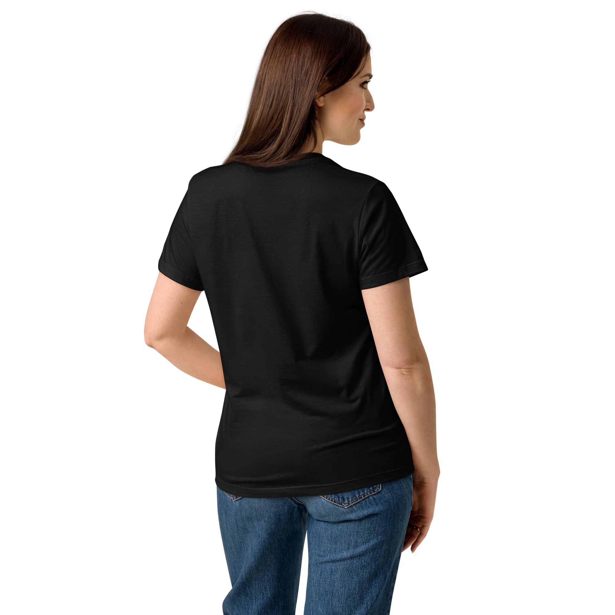 T-shirt cintré en coton noir profond imprimé “Sfogliatelle” de Paradis Perdus® 6 Le KRUSH workshop boutique T-shirt cintré en coton noir profond imprimé “Sfogliatelle” de Paradis Perdus® porté par une femme de dos