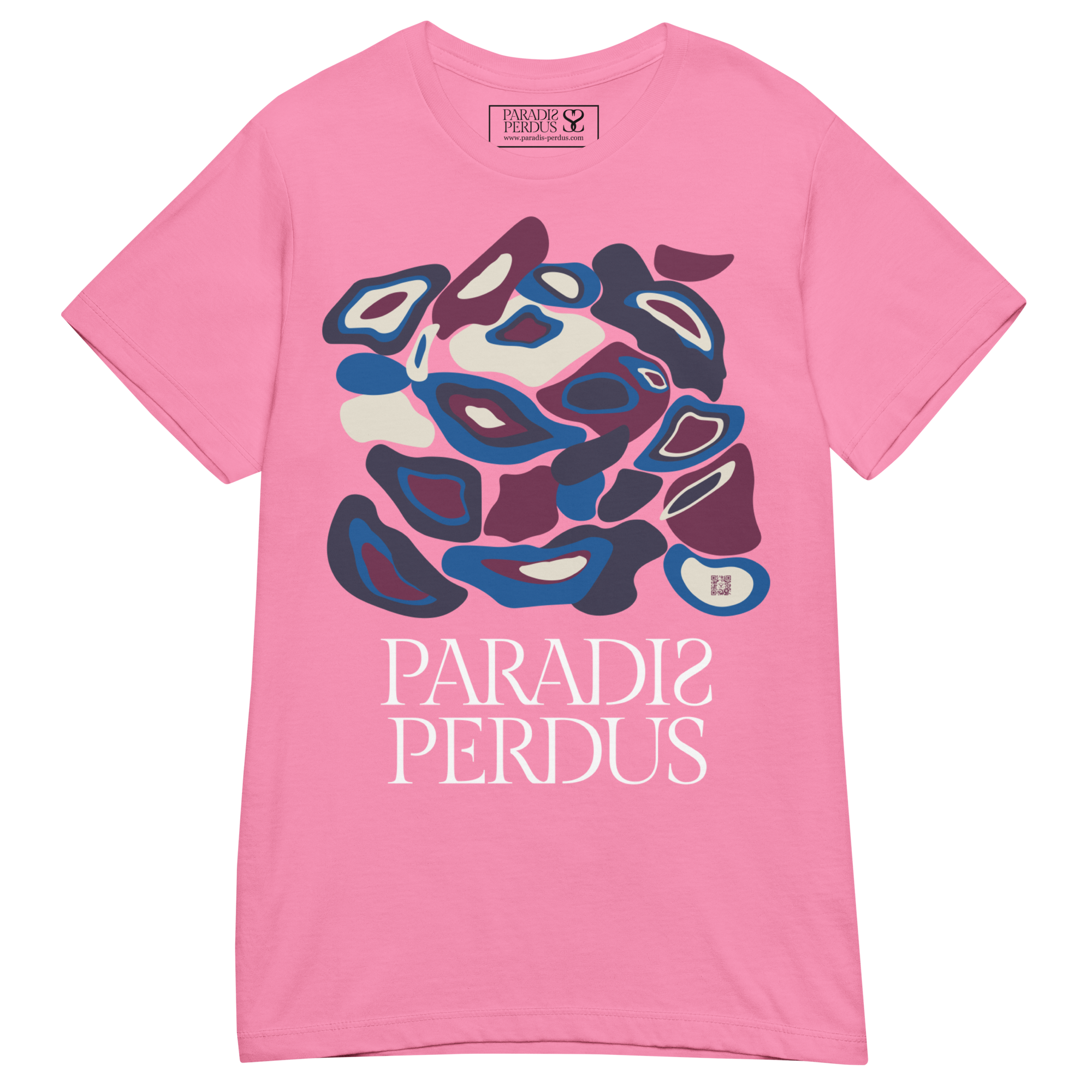 T-shirt cintré en coton rose bonbon imprimé “Panscro” de Paradis Perdus® 3 Le KRUSH workshop boutique T-shirt cintré en coton rose bonbon imprimé “Panscro” de Paradis Perdus® posé à plat devant