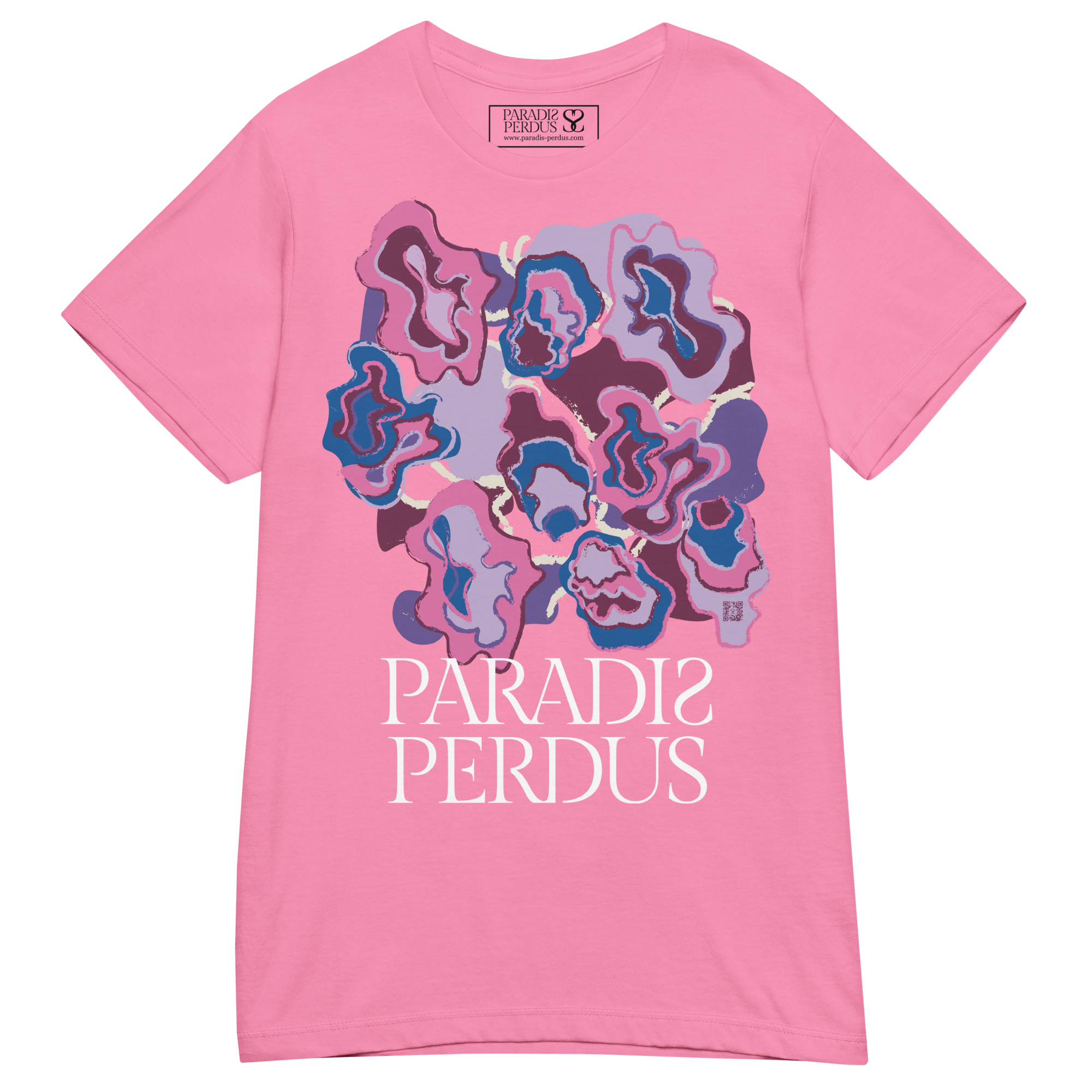 T-shirt cintré en coton rose bonbon imprimé “Sfogliatelle” de Paradis Perdus® 3 Le KRUSH workshop boutique T-shirt cintré en coton rose bonbon imprimé “Sfogliatelle” de Paradis Perdus® posé à plat devant