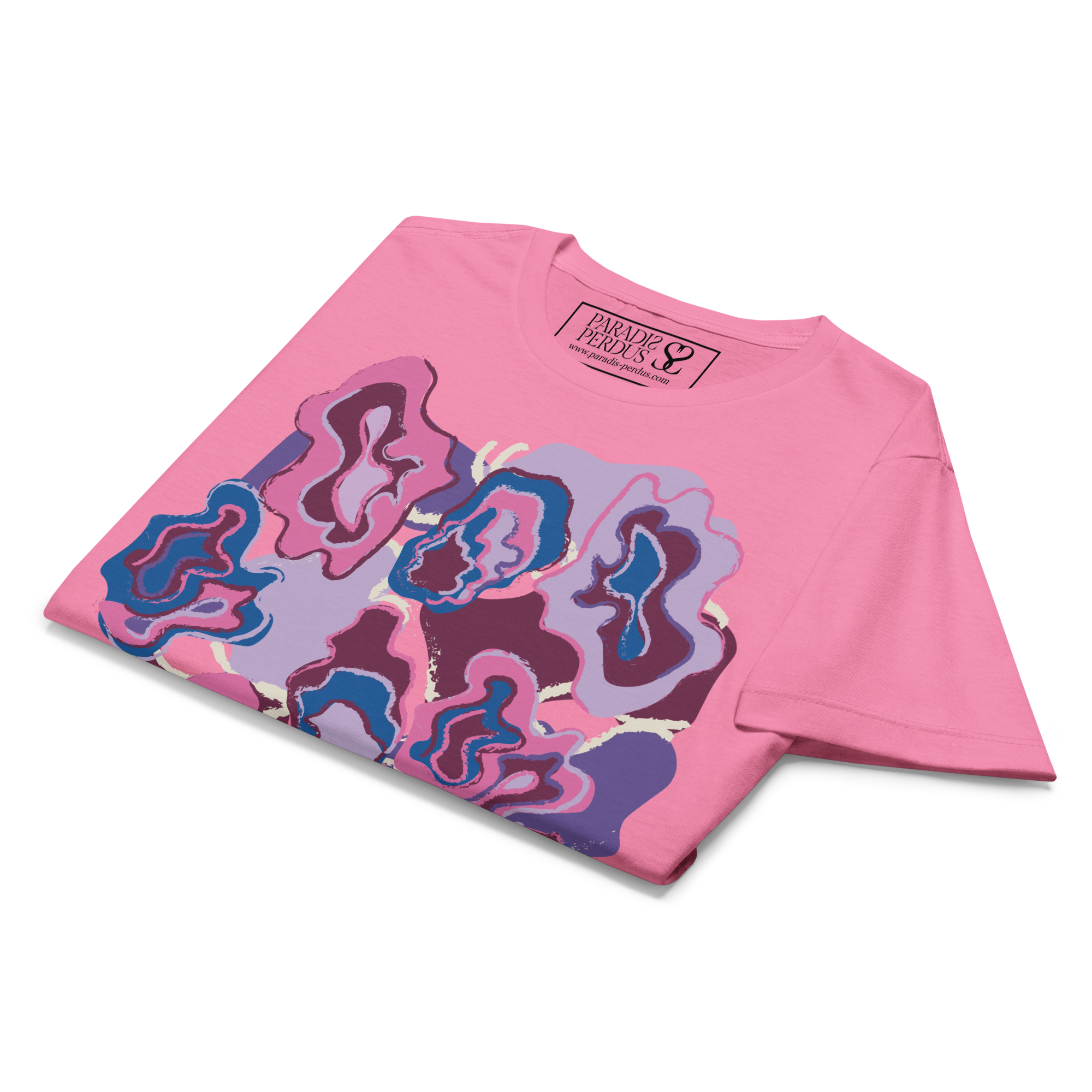 T-shirt cintré en coton rose bonbon imprimé “Sfogliatelle” de Paradis Perdus® 8 Le KRUSH workshop boutique T-shirt cintré en coton rose bonbon imprimé “Sfogliatelle” de Paradis Perdus® présenté plié en gros plan