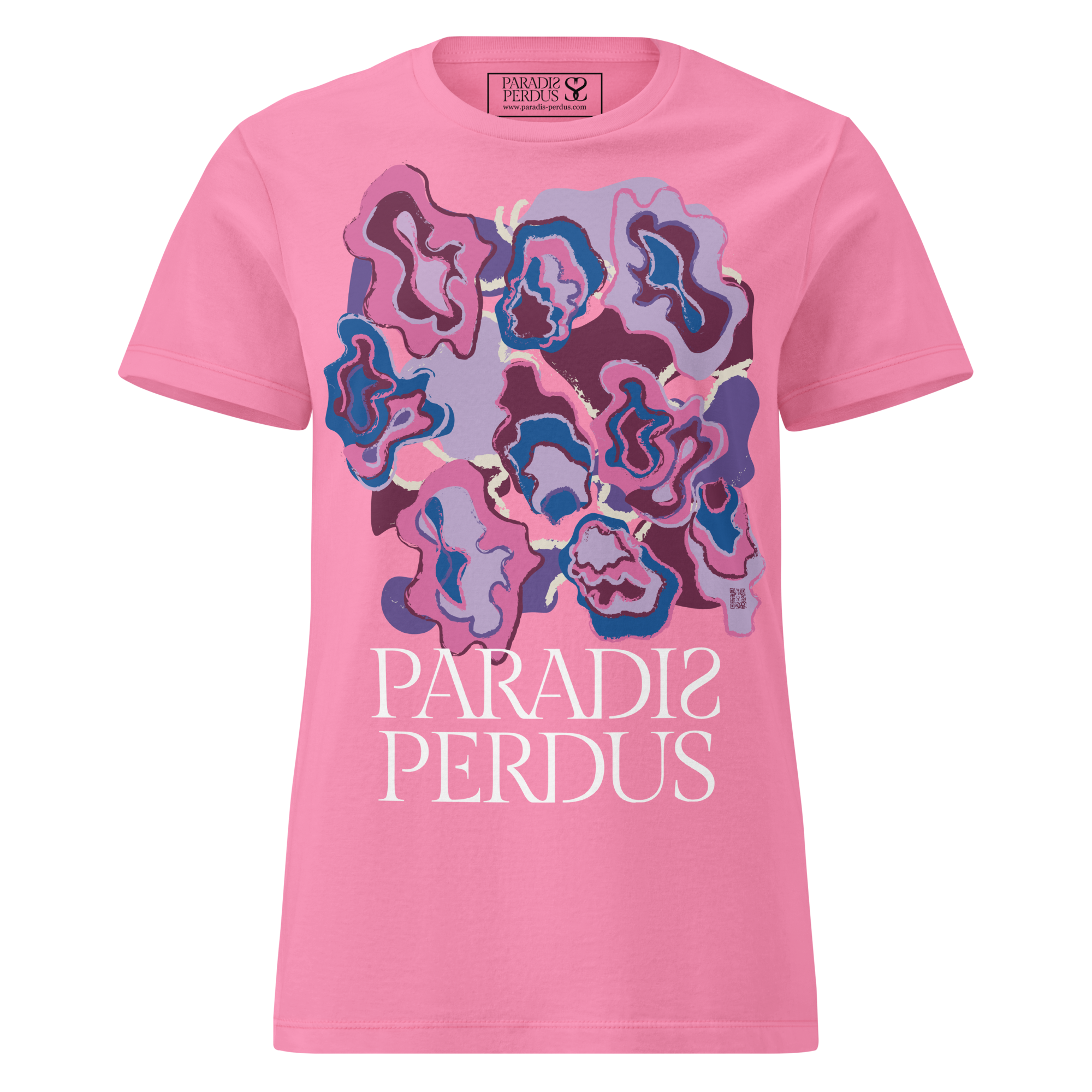 T-shirt cintré en coton rose bonbon imprimé “Sfogliatelle” de Paradis Perdus® 1 Le KRUSH workshop boutique T-shirt cintré en coton rose bonbon imprimé “Sfogliatelle” de Paradis Perdus® porté de devant