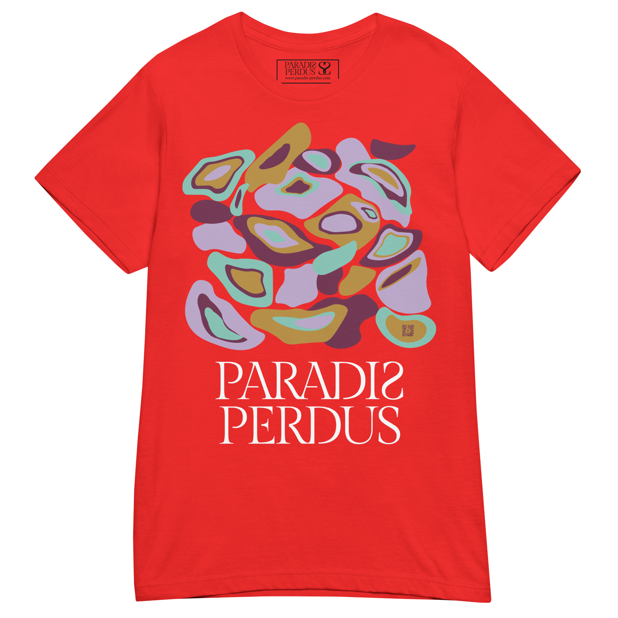T-shirt cintré en coton rouge écarlate imprimé “Panscro” de Paradis Perdus® 3 Le KRUSH workshop boutique T-shirt cintré en coton rouge écarlate imprimé “Panscro” de Paradis Perdus® posé à plat devant