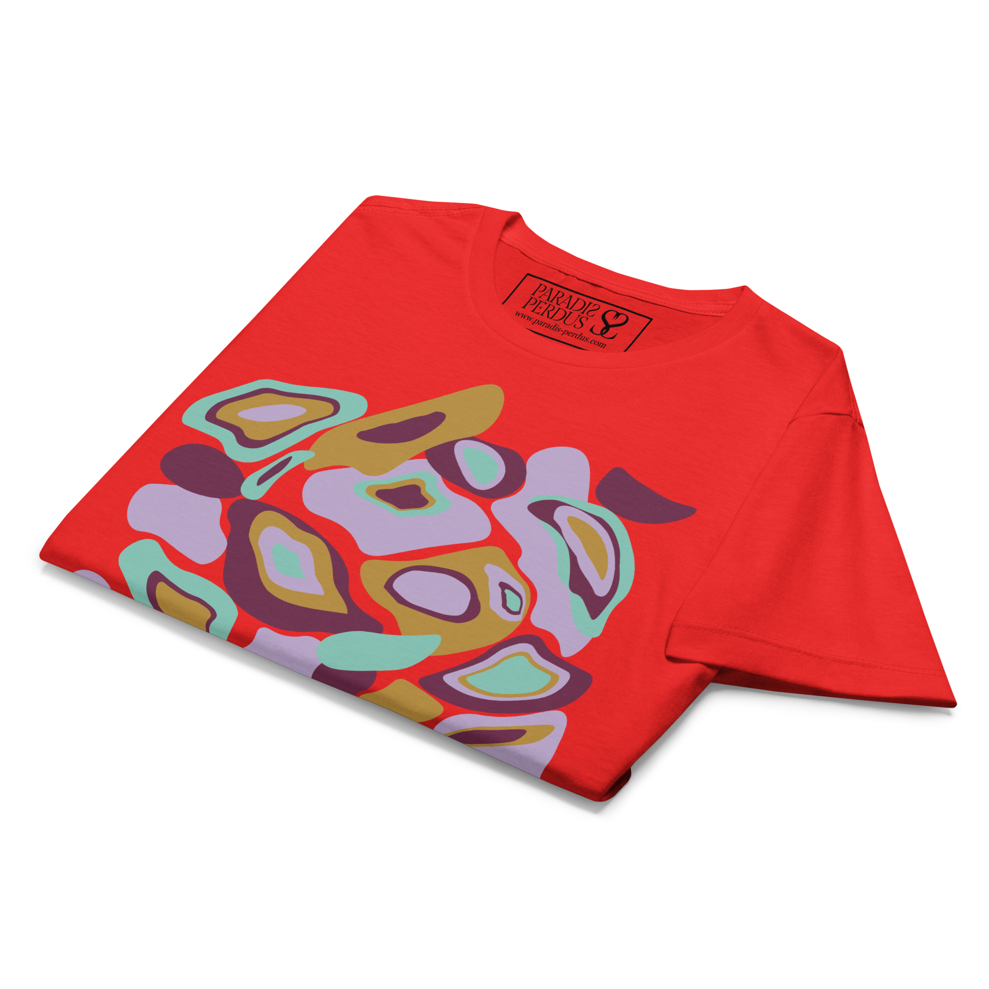 T-shirt cintré en coton rouge écarlate imprimé “Panscro” de Paradis Perdus® 8 Le KRUSH workshop boutique T-shirt cintré en coton rouge écarlate imprimé “Panscro” de Paradis Perdus® présenté plié en gros plan