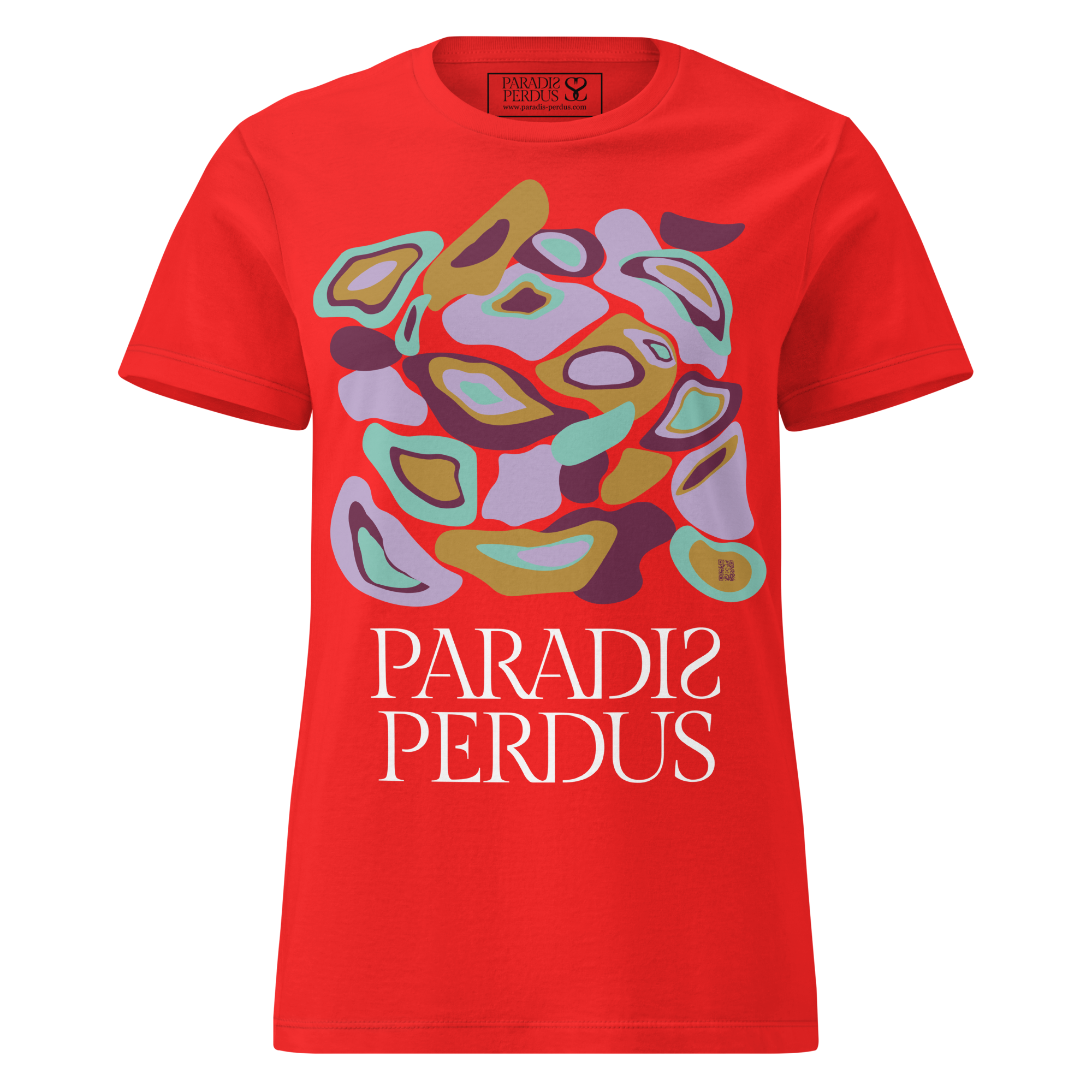 T-shirt cintré en coton rouge écarlate imprimé “Panscro” de Paradis Perdus® 1 Le KRUSH workshop boutique T-shirt cintré en coton rouge écarlate imprimé “Panscro” de Paradis Perdus® porté de devant