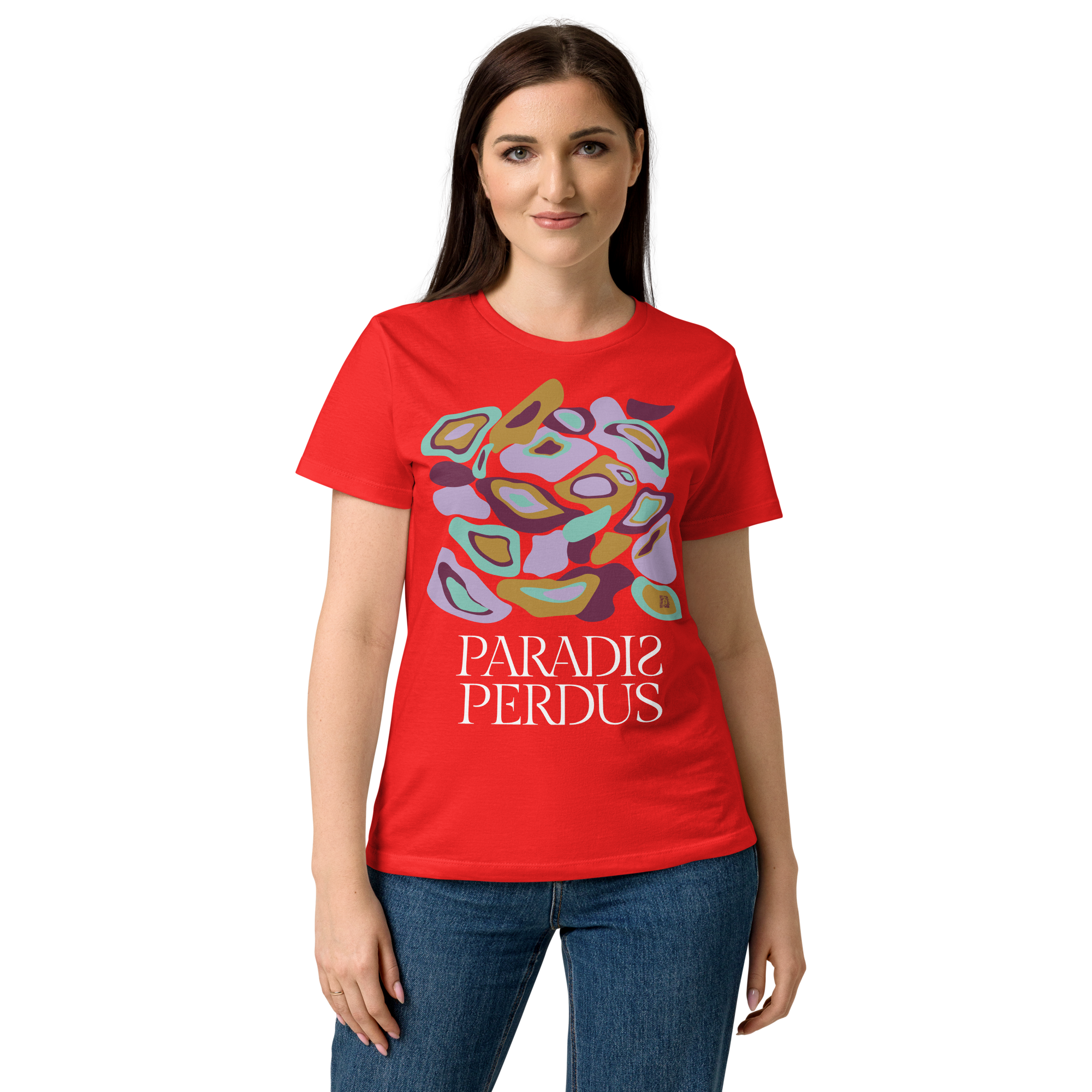 T-shirt cintré en coton rouge écarlate imprimé “Panscro” de Paradis Perdus® 5 Le KRUSH workshop boutique T-shirt cintré en coton rouge écarlate imprimé “Panscro” de Paradis Perdus® porté par une femme de devant