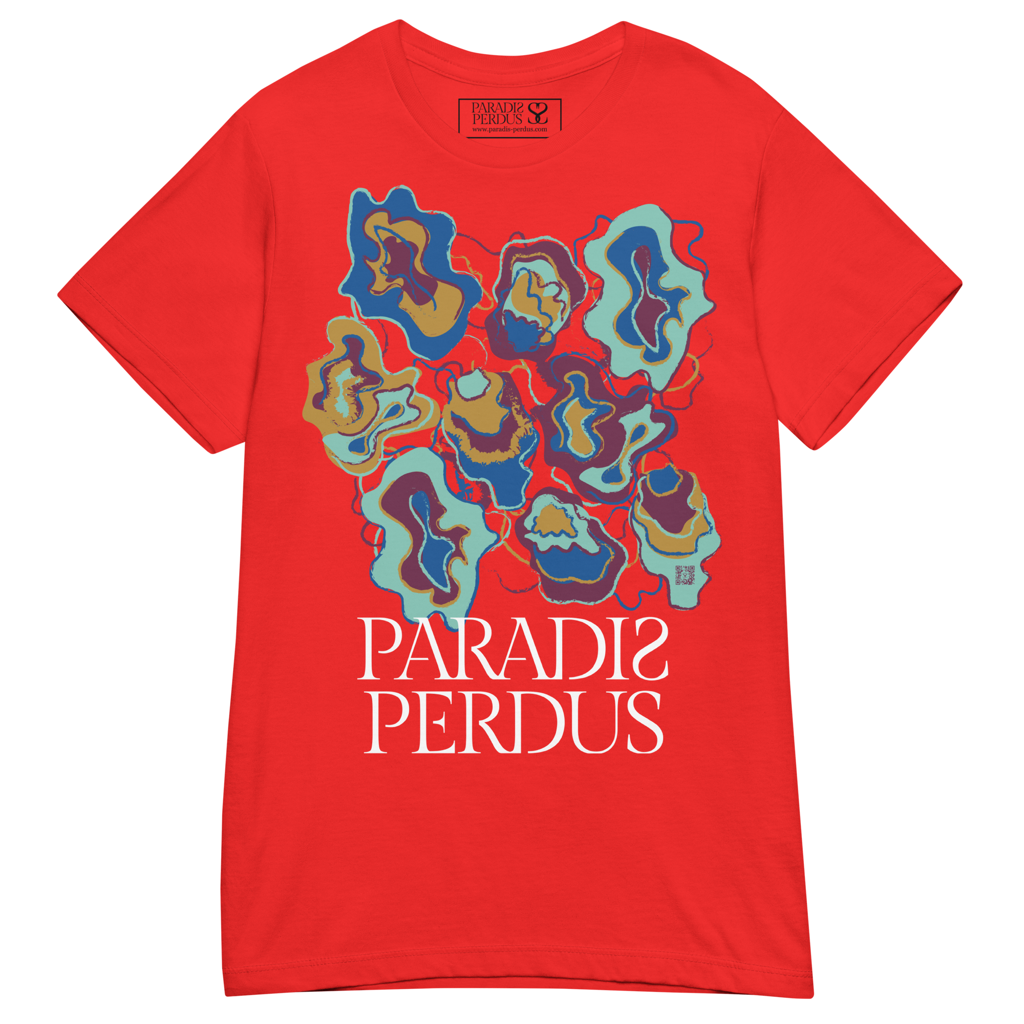 T-shirt cintré en coton rouge écarlate imprimé “Sfogliatelle” de Paradis Perdus® 3 Le KRUSH workshop boutique T-shirt cintré en coton rouge écarlate imprimé “Sfogliatelle” de Paradis Perdus® posé à plat devant