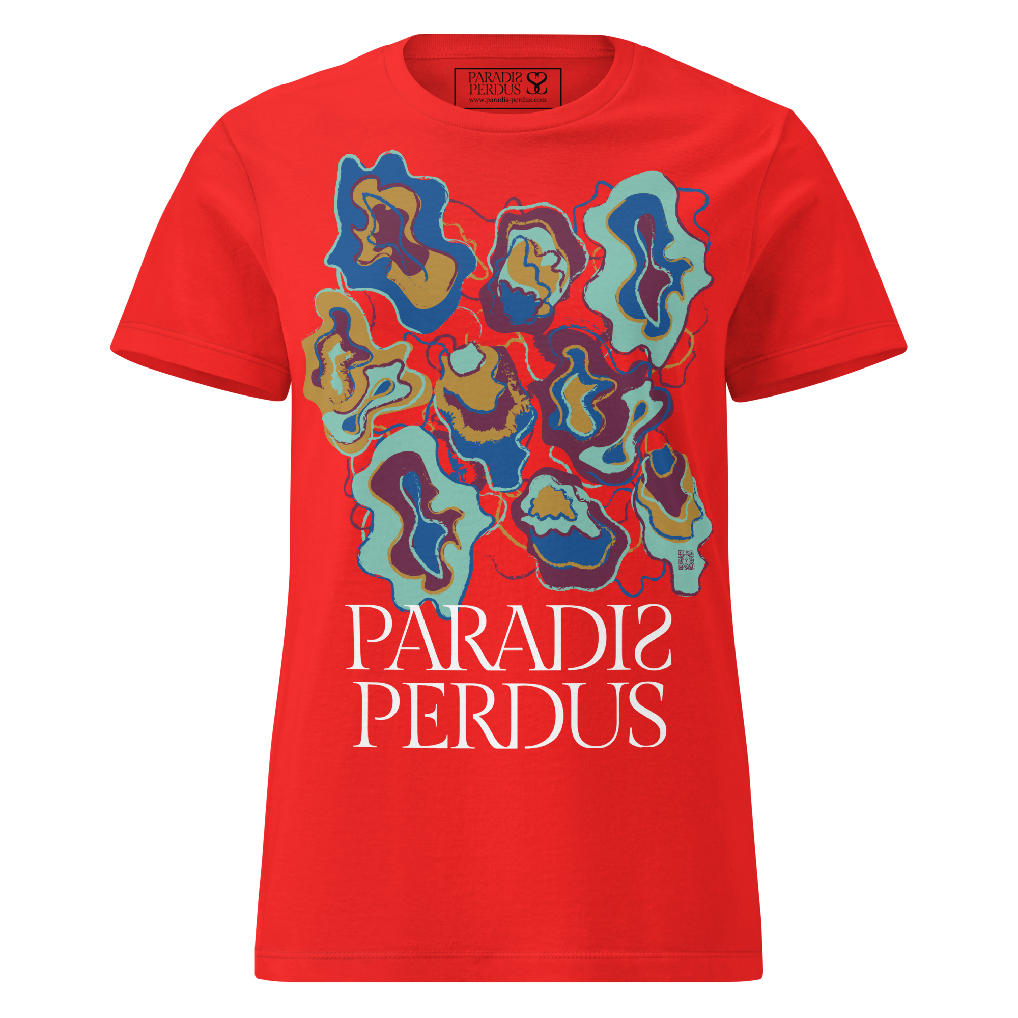 T-shirt cintré en coton rouge écarlate imprimé “Sfogliatelle” de Paradis Perdus® 1 Le KRUSH workshop boutique T-shirt cintré en coton rouge écarlate imprimé “Sfogliatelle” de Paradis Perdus® porté de devant