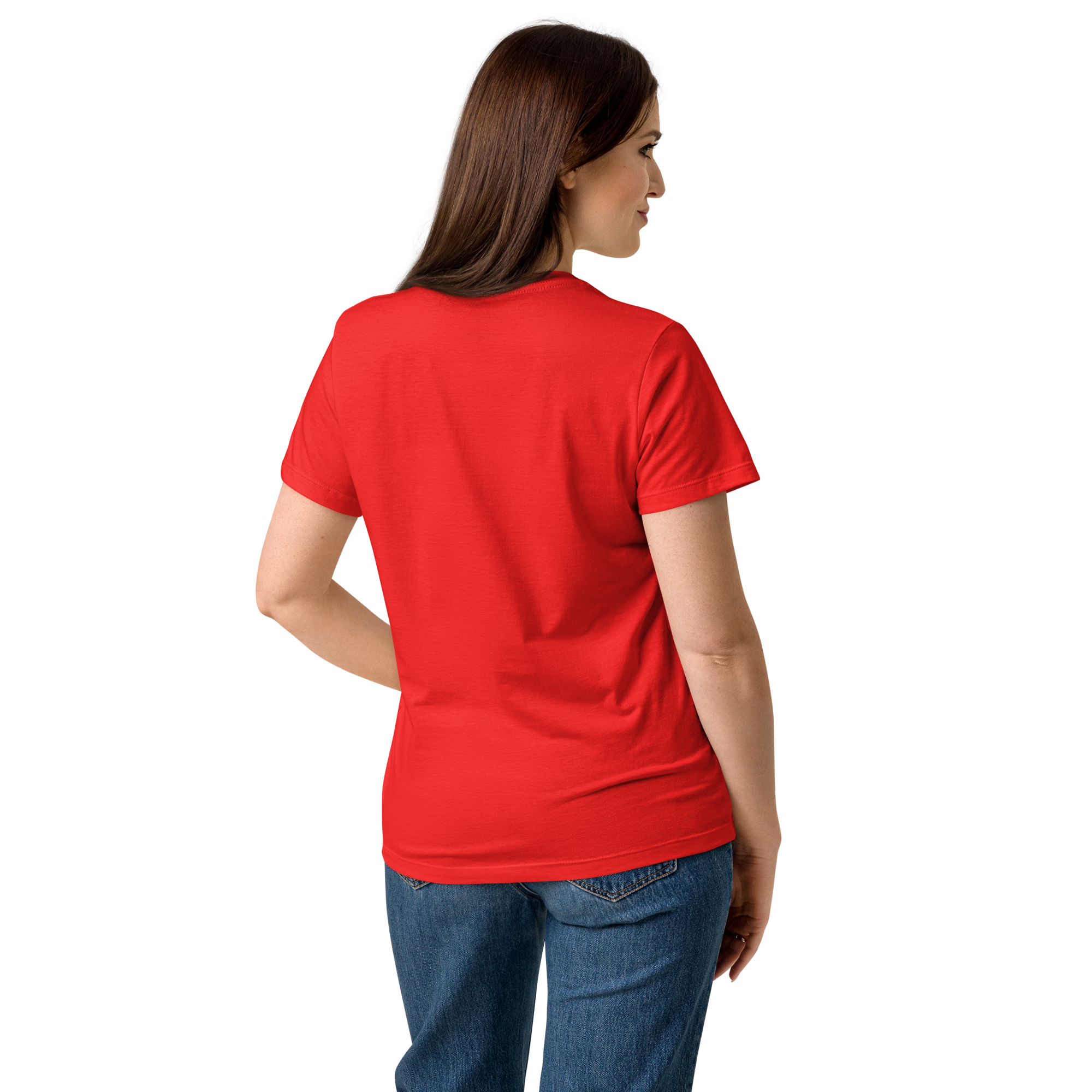 T-shirt cintré en coton rouge écarlate imprimé “Sfogliatelle” de Paradis Perdus® 6 Le KRUSH workshop boutique T-shirt cintré en coton rouge écarlate imprimé “Sfogliatelle” de Paradis Perdus® porté par une femme de dos