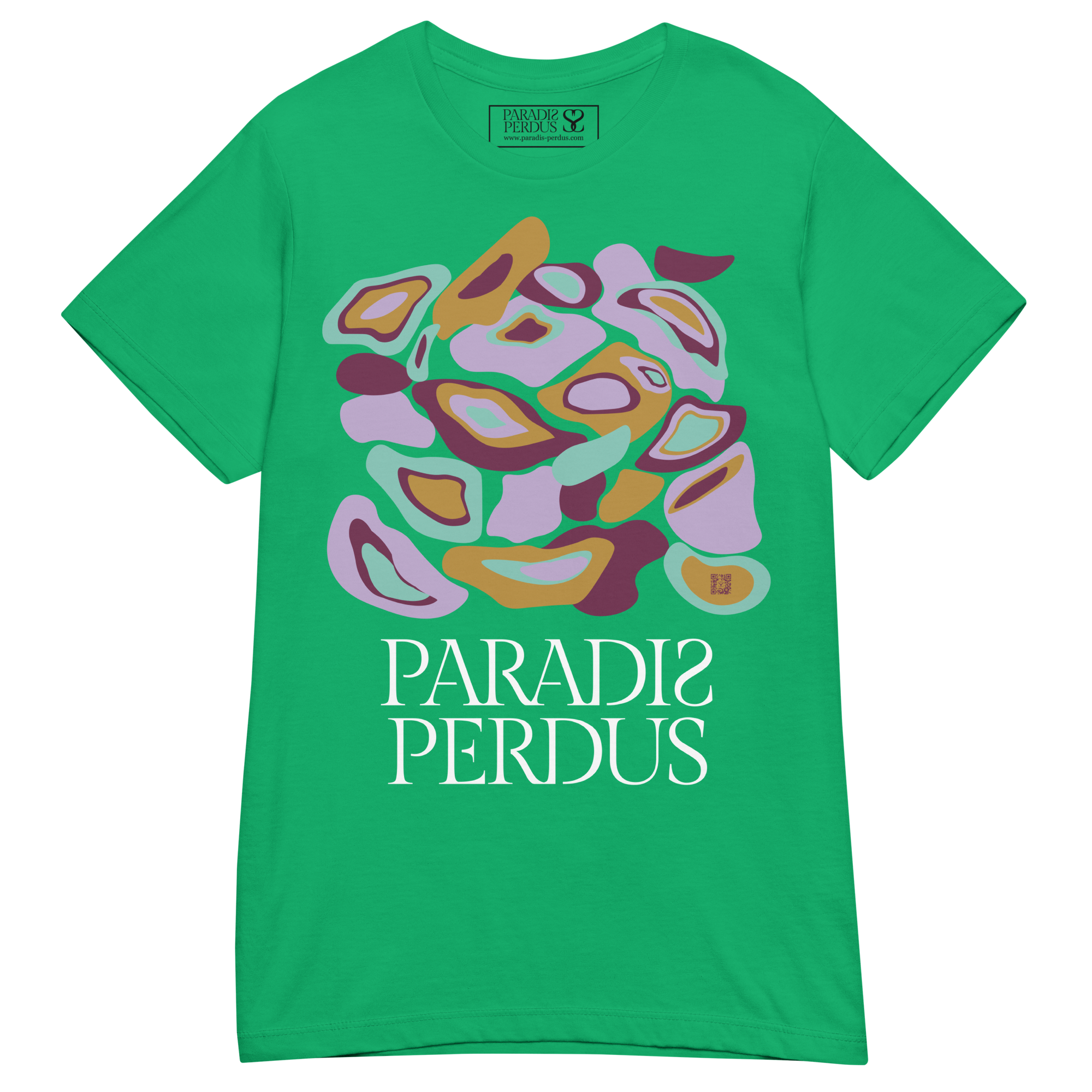 T-shirt cintré en coton vert menthe imprimé “Panscro” de Paradis Perdus® 3 Le KRUSH workshop boutique T-shirt cintré en coton vert menthe imprimé “Panscro” de Paradis Perdus® posé à plat devant
