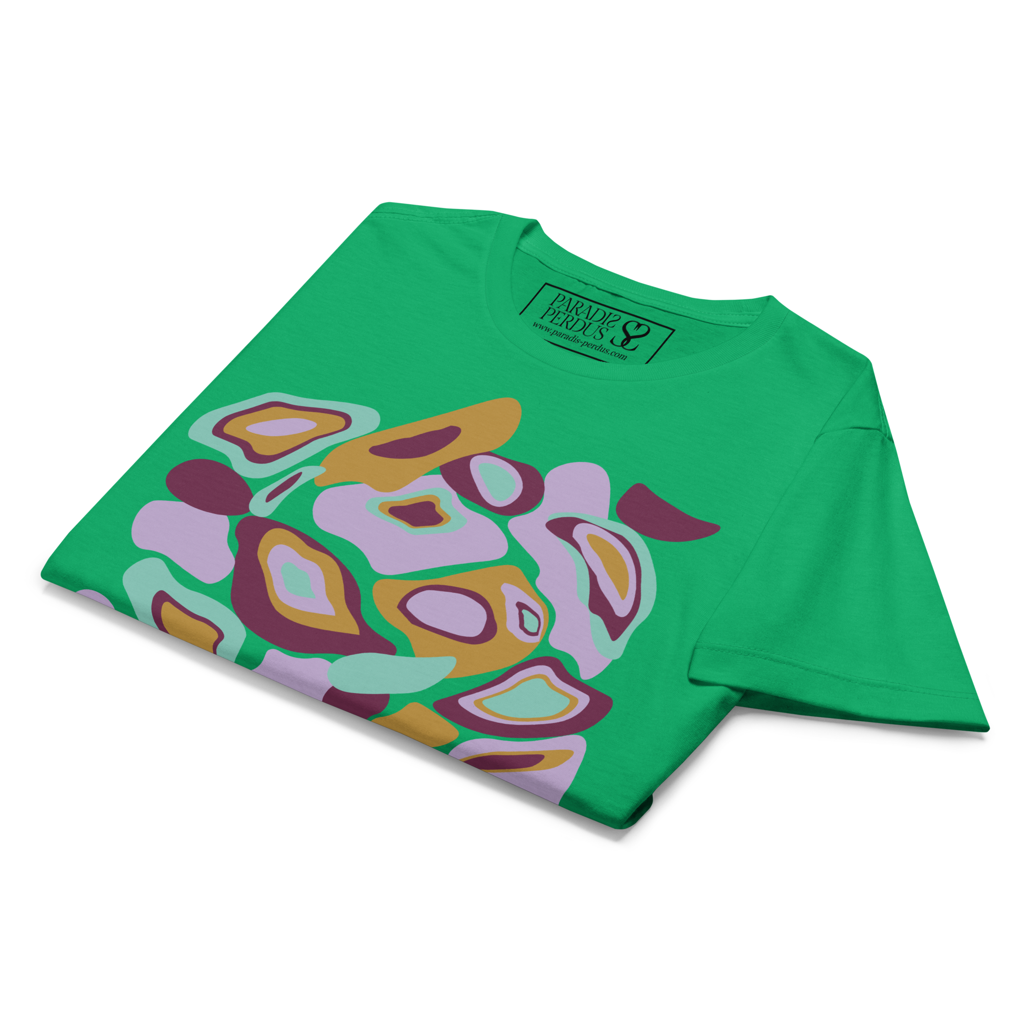 T-shirt cintré en coton vert menthe imprimé “Panscro” de Paradis Perdus® 8 Le KRUSH workshop boutique T-shirt cintré en coton vert menthe imprimé “Panscro” de Paradis Perdus® présenté plié en gros plan