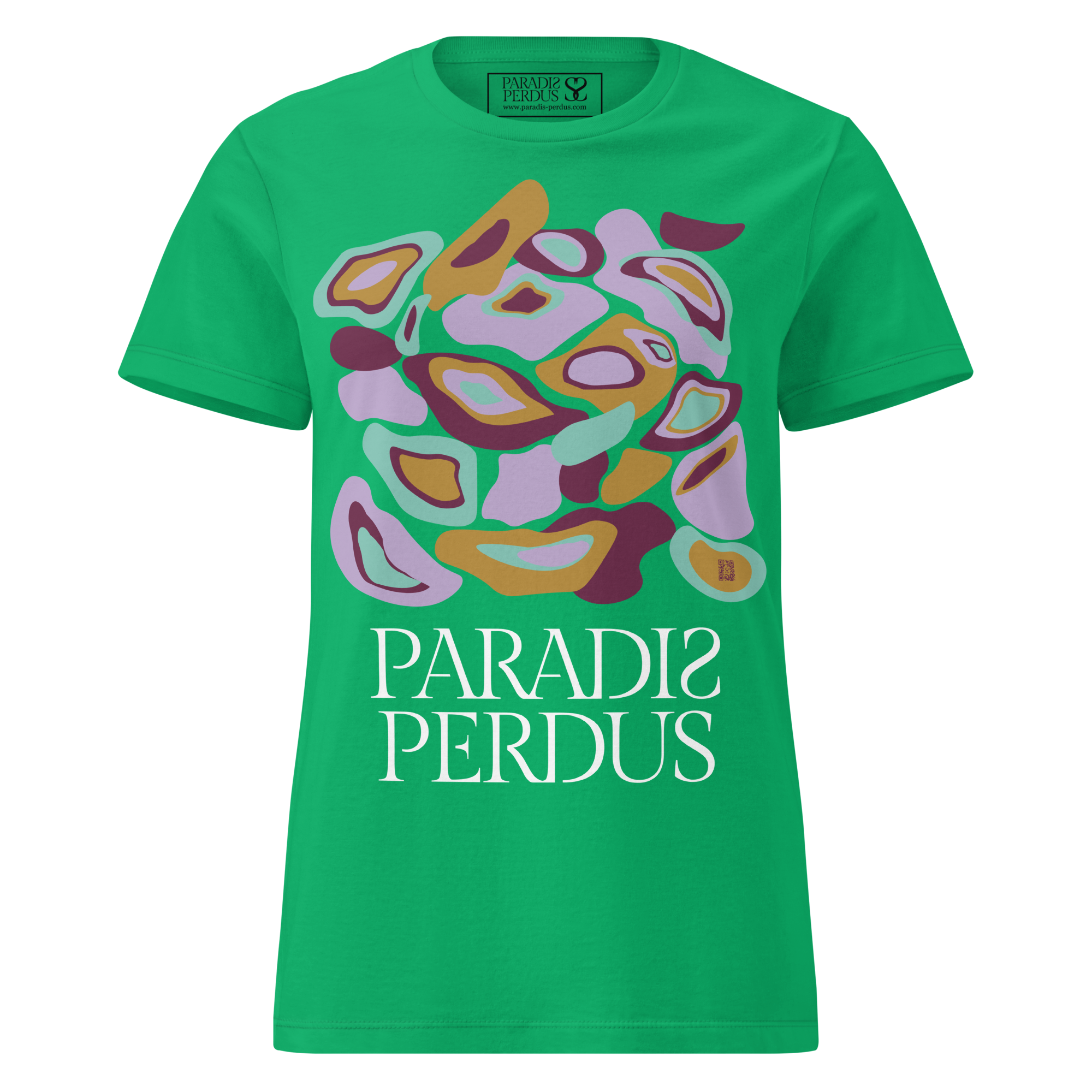 T-shirt cintré en coton vert menthe imprimé “Panscro” de Paradis Perdus® 1 Le KRUSH workshop boutique T-shirt cintré en coton vert menthe imprimé “Panscro” de Paradis Perdus® porté de devant