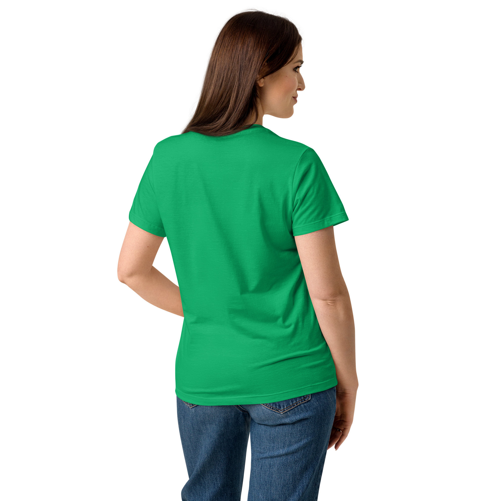 T-shirt cintré en coton vert menthe imprimé “Panscro” de Paradis Perdus® 6 Le KRUSH workshop boutique T-shirt cintré en coton vert menthe imprimé “Panscro” de Paradis Perdus® porté par une femme de dos