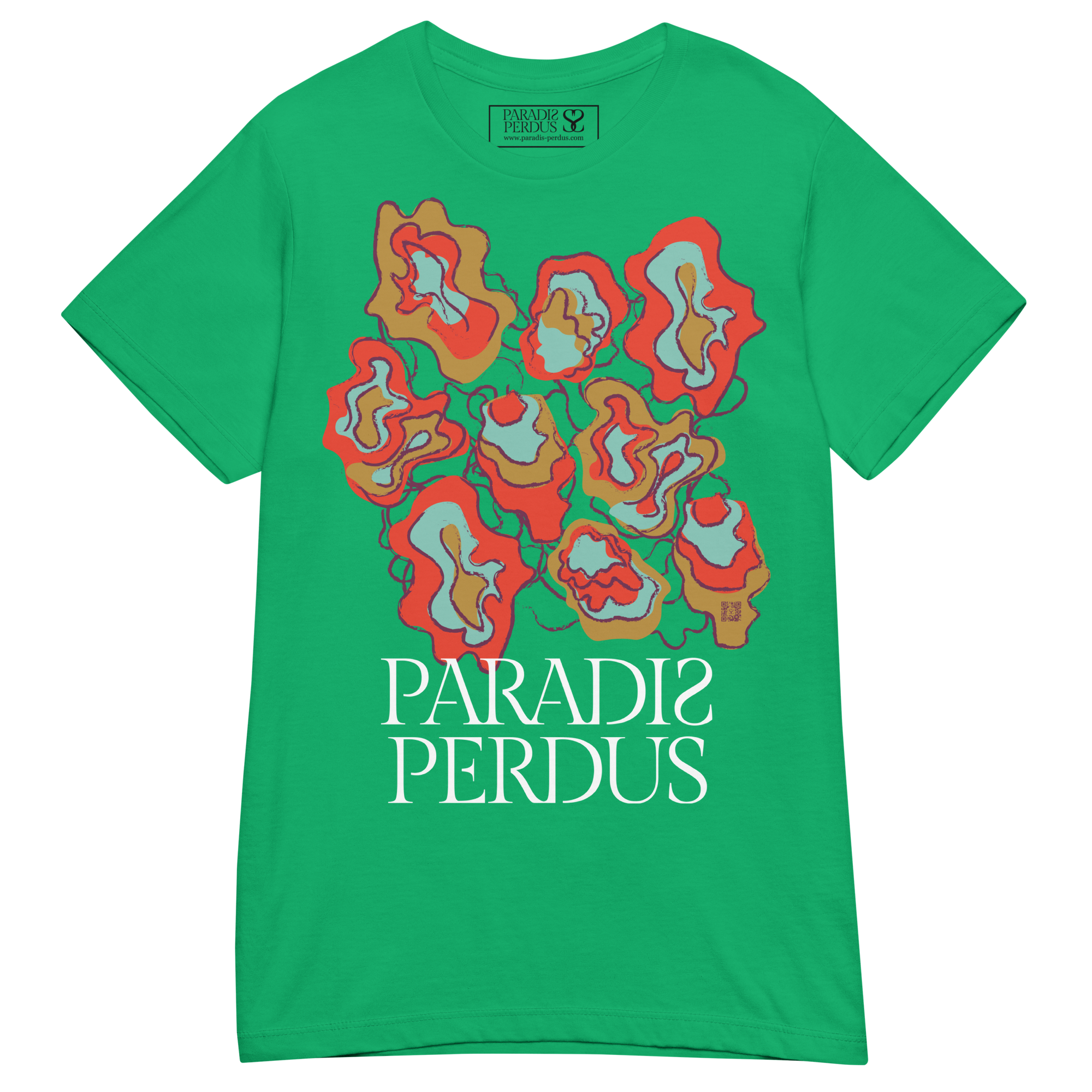 T-shirt cintré en coton vert menthe imprimé “Sfogliatelle” de Paradis Perdus® 3 Le KRUSH workshop boutique T-shirt cintré en coton vert-menthe imprimé “Sfogliatelle” de Paradis Perdus® posé à plat devant