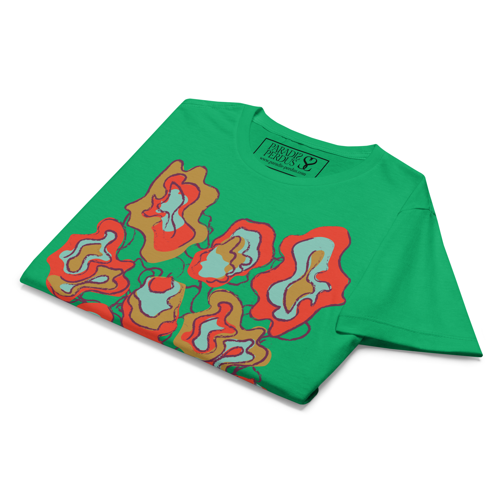 T-shirt cintré en coton vert menthe imprimé “Sfogliatelle” de Paradis Perdus® 8 Le KRUSH workshop boutique T-shirt cintré en coton vert menthe imprimé “Sfogliatelle” de Paradis Perdus® présenté plié en gros plan
