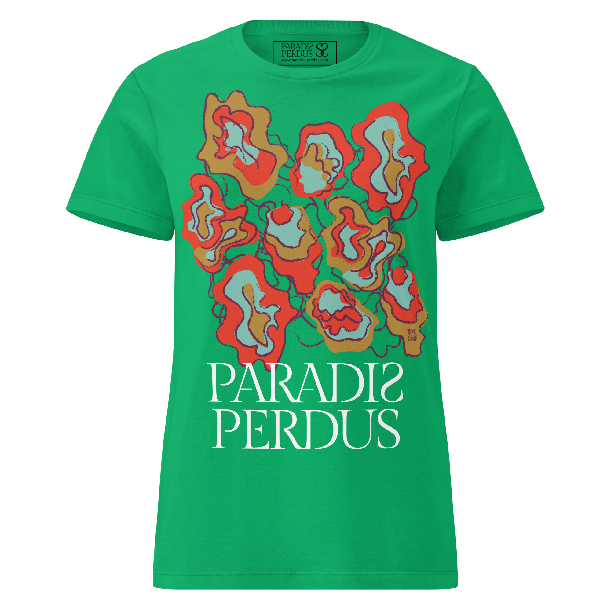 T-shirt cintré en coton vert menthe imprimé “Sfogliatelle” de Paradis Perdus® 1 Le KRUSH workshop boutique T-shirt cintré en coton vert menthe imprimé “Sfogliatelle” de Paradis Perdus® porté de devant