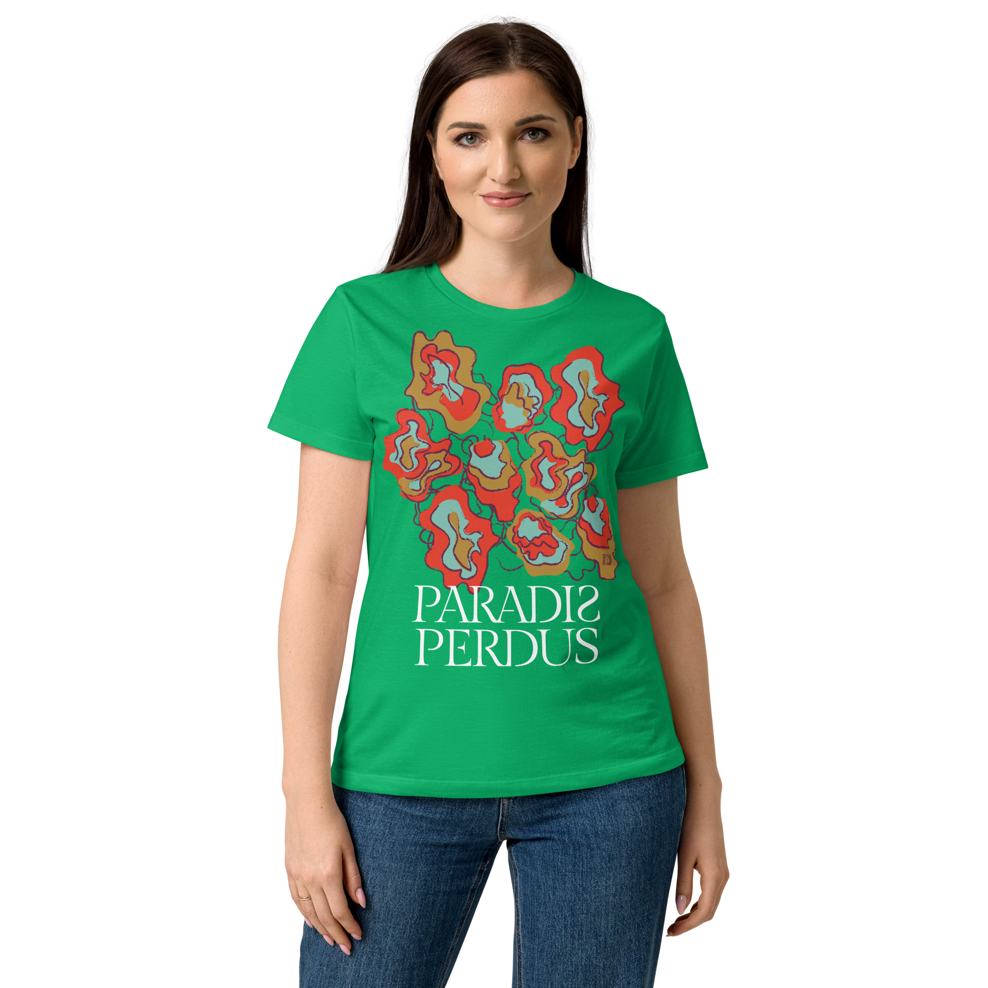 T-shirt cintré en coton vert menthe imprimé “Sfogliatelle” de Paradis Perdus® 5 Le KRUSH workshop boutique T-shirt cintré en coton vert menthe imprimé “Sfogliatelle” de Paradis Perdus® porté par une femme de devant