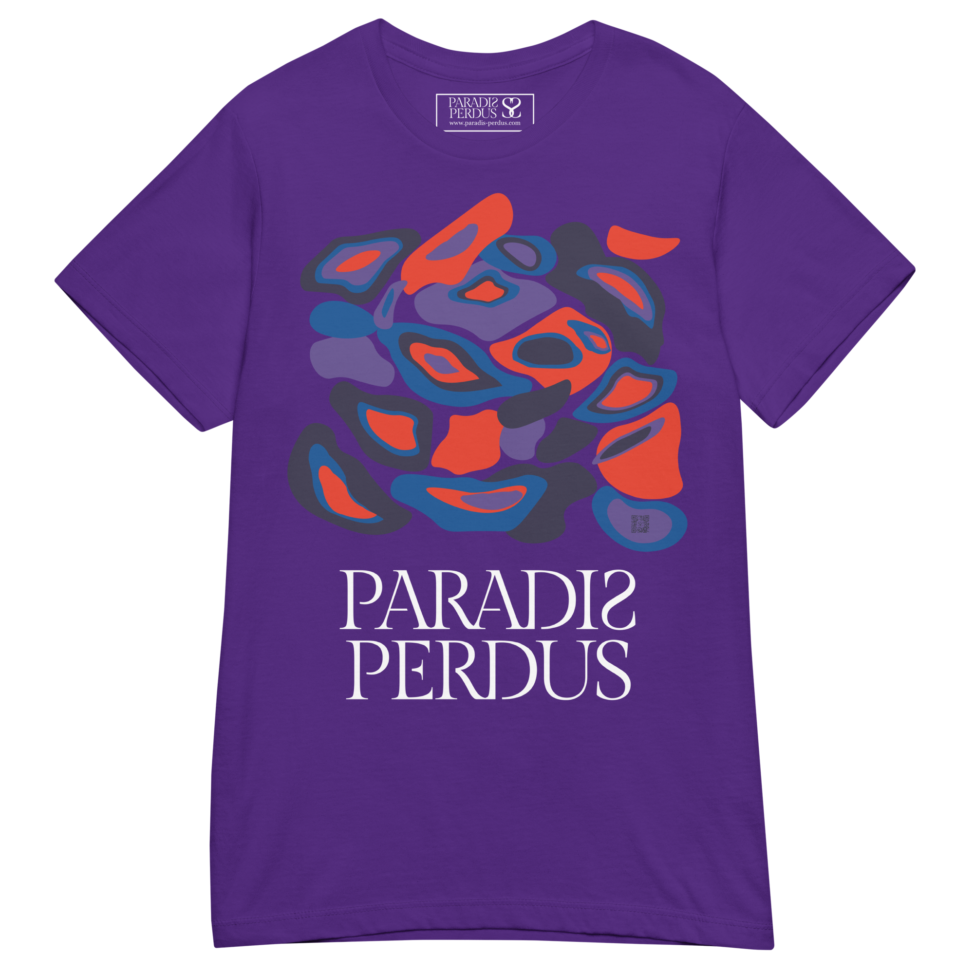 T-shirt cintré en coton violet zinzolin imprimé “Panscro” de Paradis Perdus® 3 Le KRUSH workshop boutique T-shirt cintré en coton violet zinzolin imprimé “Panscro” de Paradis Perdus® posé à plat devant