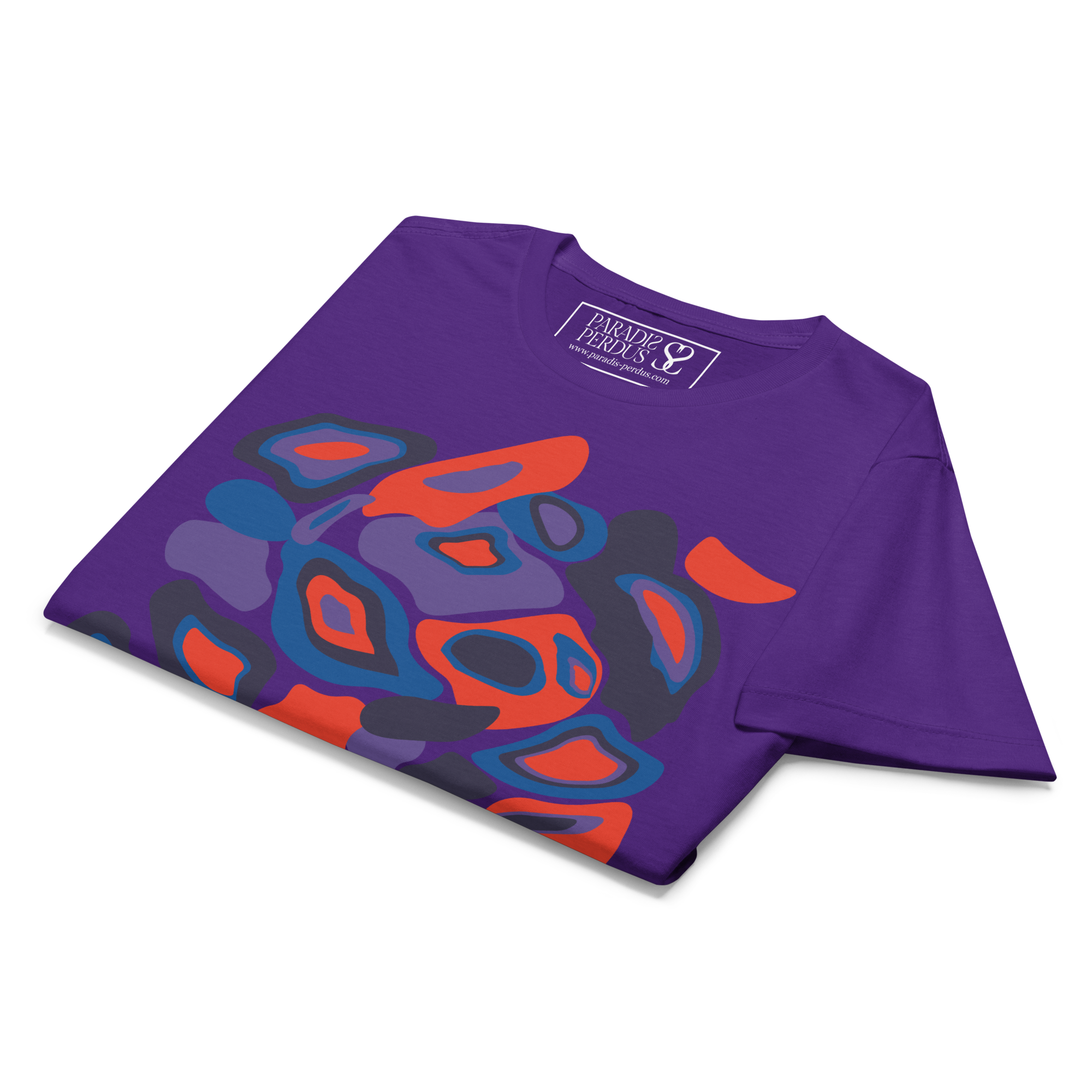 T-shirt cintré en coton violet zinzolin imprimé “Panscro” de Paradis Perdus® 8 Le KRUSH workshop boutique T-shirt cintré en coton violet zinzolin imprimé “Panscro” de Paradis Perdus® présenté plié en gros plan