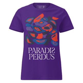 T-shirt cintré en coton violet zinzolin imprimé “Panscro” de Paradis Perdus® porté de devant