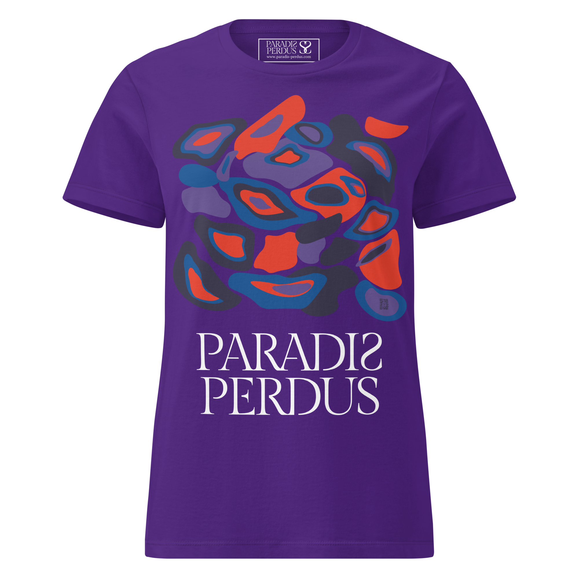 T-shirt cintré en coton violet zinzolin imprimé “Panscro” de Paradis Perdus® 1 Le KRUSH workshop boutique T-shirt cintré en coton violet zinzolin imprimé “Panscro” de Paradis Perdus® porté de devant