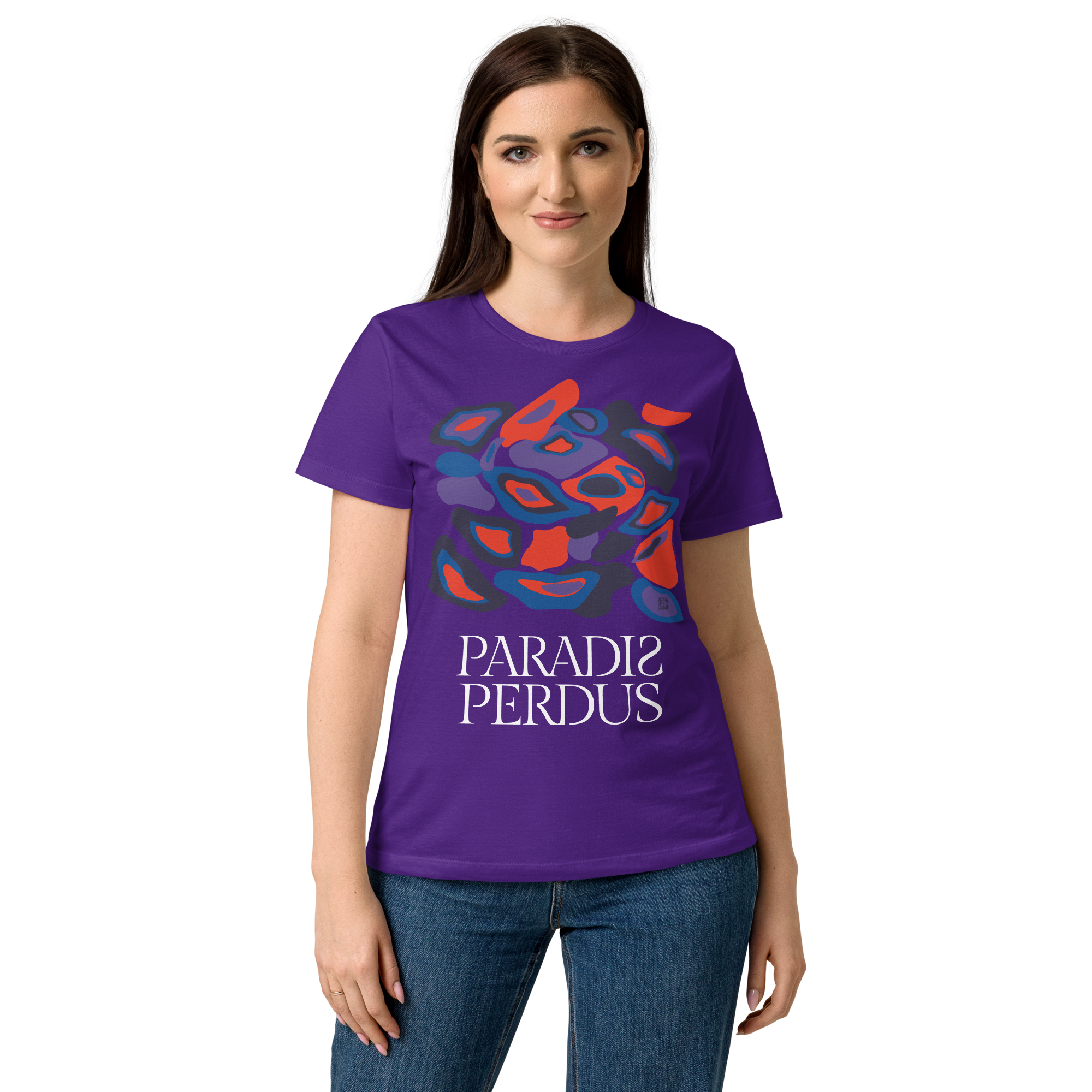 T-shirt cintré en coton violet zinzolin imprimé “Panscro” de Paradis Perdus® 5 Le KRUSH workshop boutique T-shirt cintré en coton violet zinzolin imprimé “Panscro” de Paradis Perdus® porté par une femme de devant